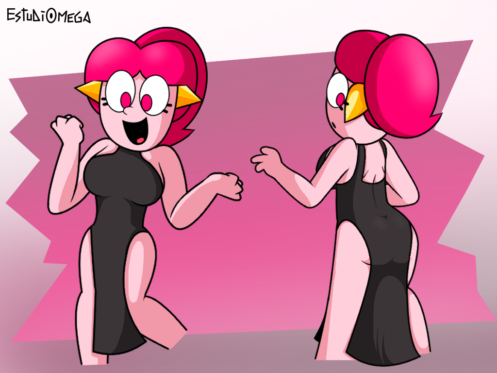 1girls amorosa_(estudiomega) ass bare_arms bare_shoulders black_dress crazy_heroes cropped_legs dress estudiomega evening_gown happy high_ponytail legs medium_breasts no_bra oc pink_eyes pink_hair pink_skin ponytail pose rose_(estudiomega) sleeveless_dress smile