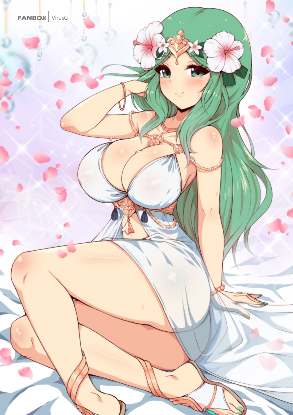 1girls, alternate costume, ass, bare legs, big ass, bikini, breasts, cleavage, female, female only, fire emblem, fire emblem heroes, fire emblem: three houses, flower, green eyes, green hair, large breasts, long hair, looking at viewer, nintendo, official alternate costume, rhea (fire emblem), rhea (summer) (fire emblem), smile, solo, swimsuit, virus-g, white bikini, white swimsuit