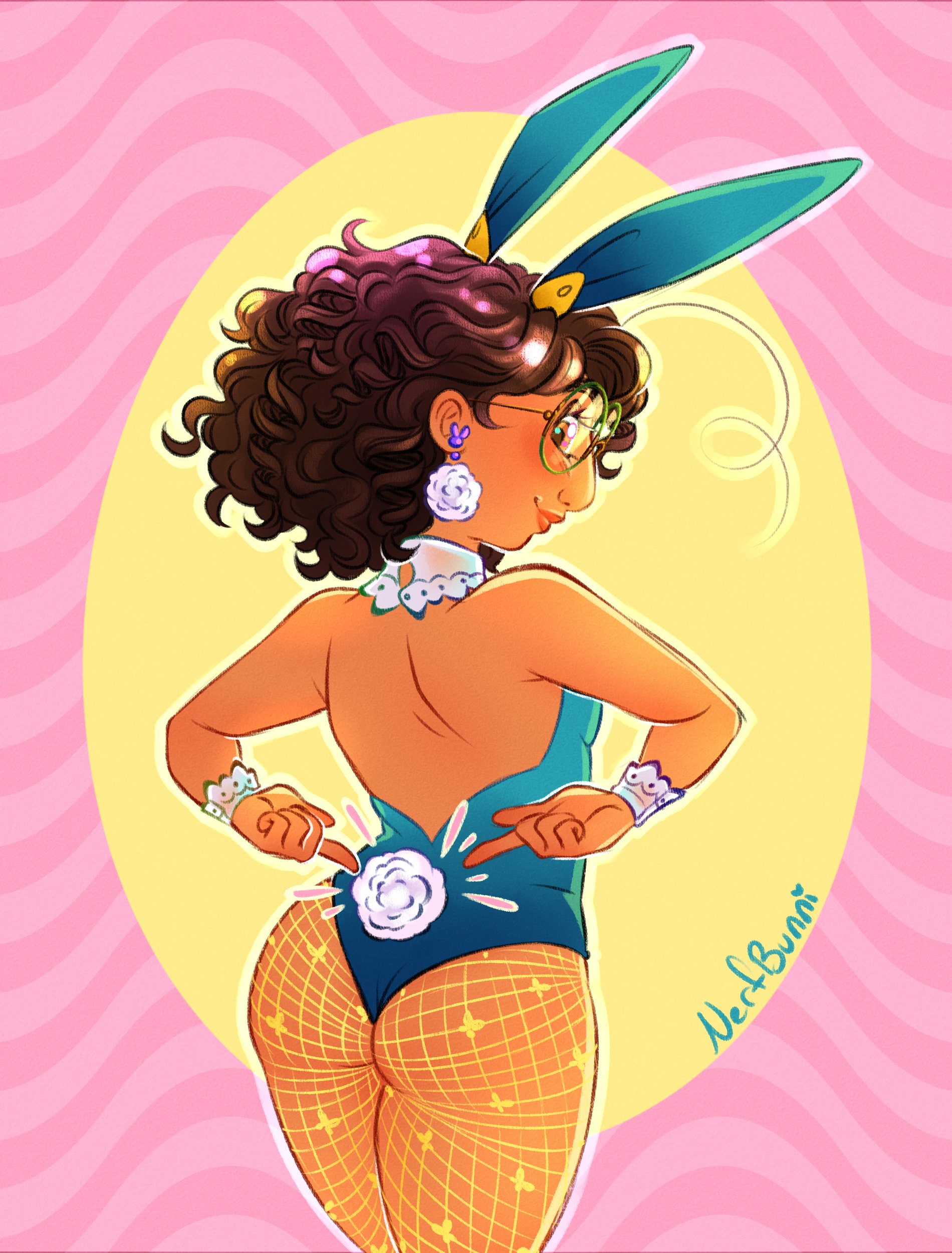 1girls, aged up, ass, bunny ears, bunny tail, bunnysuit, dark skin, dark-skinned female, disney, encanto, female, female only, fishnet stockings, fishnets, glasses, latina, looking back, mirabel madrigal, nerfbunni, rear view