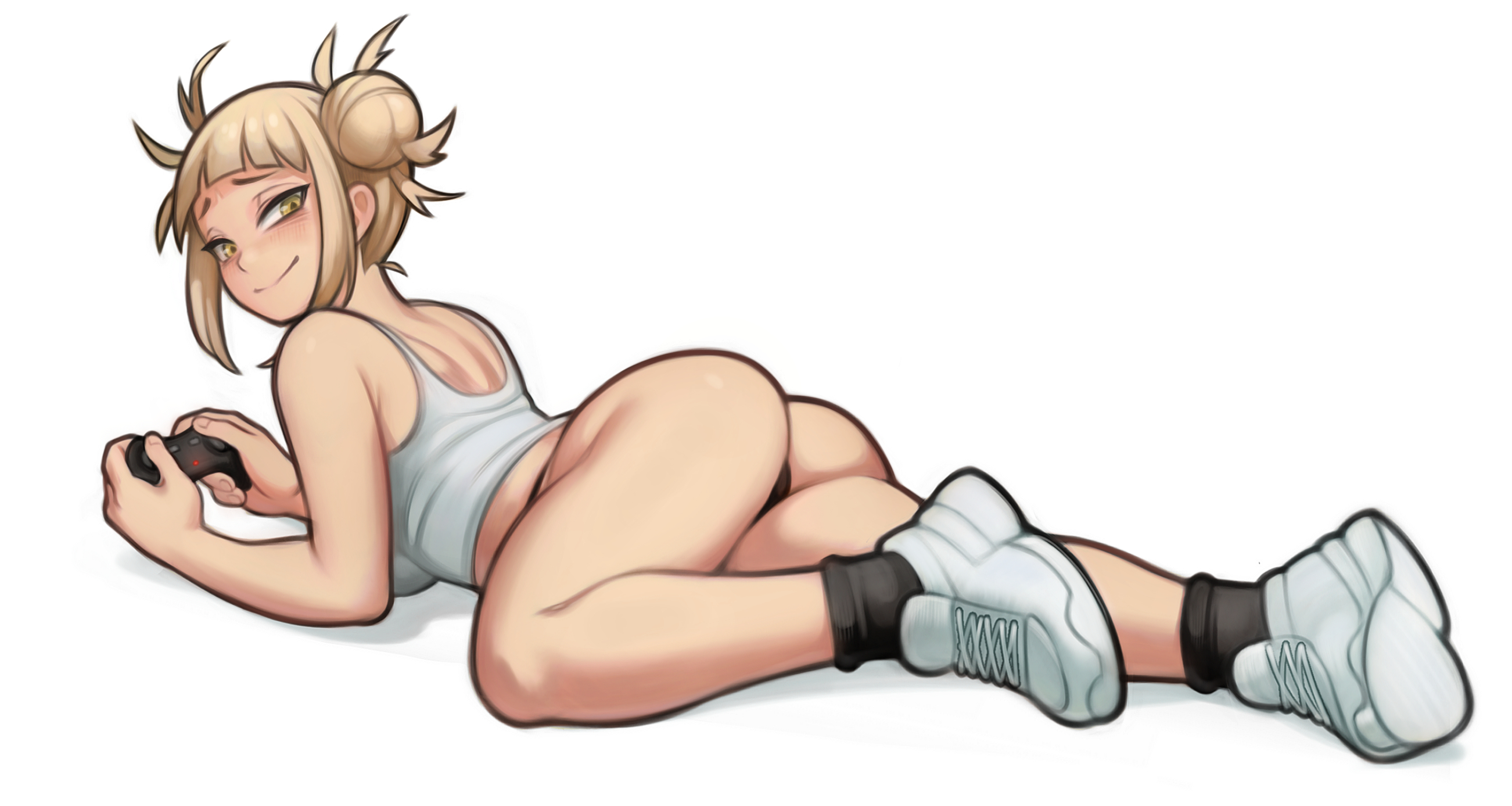 1girls, ass, big ass, big butt, blonde female, blonde hair, blonde-haired female, blush, double bun, female, female focus, female only, himiko toga, lentiyay, lying, my hero academia, smile, solo, thick thighs, thighs, yellow eyes