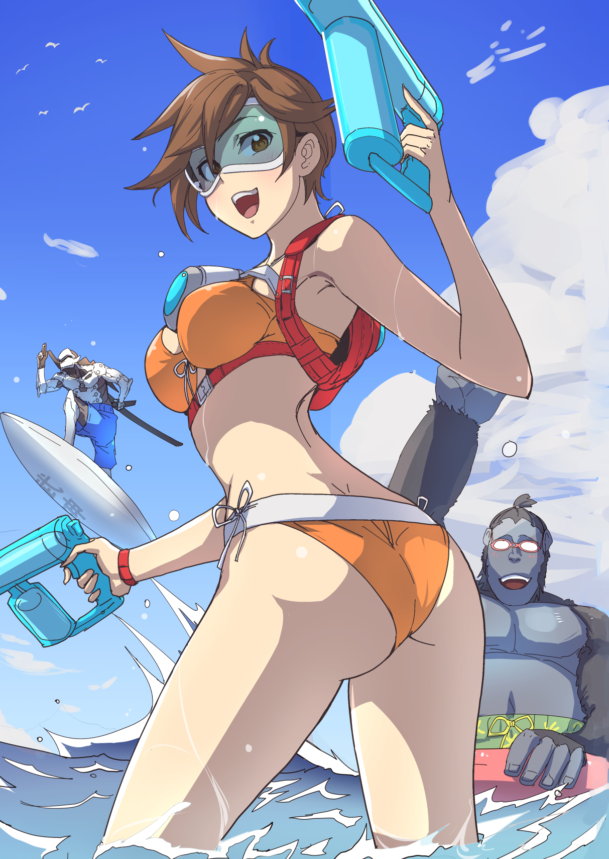 1girls, ass, beach, big ass, big breasts, bikini, blizzard entertainment, blue-tinted eyewear, breasts, british, clash kuro neko, european, female, female only, genji, light skin, light-skinned female, looking at viewer, looking back, overwatch, tight clothing, tinted eyewear, tracer, visor, winston, winston (overwatch)