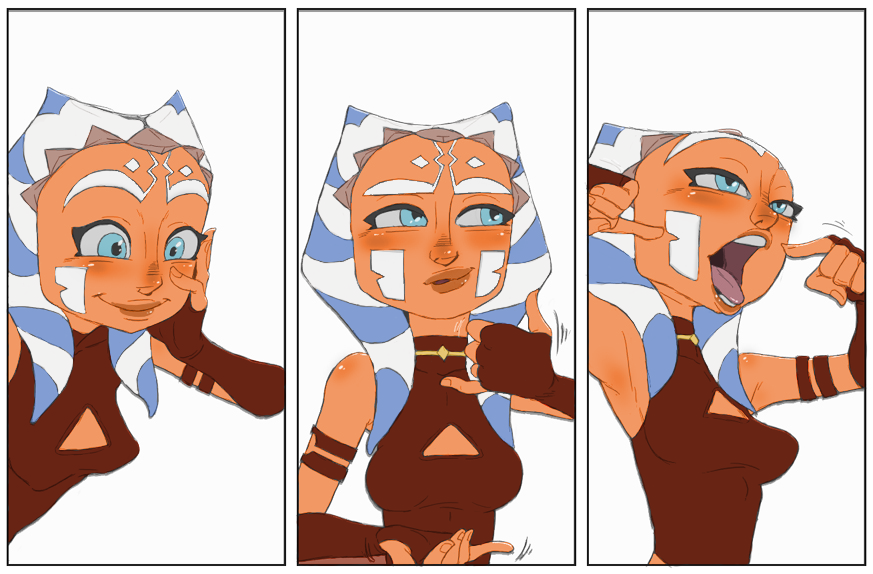 1girls 2d ahsoka_tano alien alien_girl armlet armwear big_eyes blue_eyes blush cleavage cleavage_cutout clone_wars closed_mouth clothed clothed_female clothed_sex clothing comic dress eyeliner eyes facial_markings female female_only front_view fully_clothed gesture gloves handjob_gesture handwear happy horn horny horny_female inviting inviting_to_sex jedi jedi_padawan lips looking_away makeup markings medium_breasts motion_lines open_eyes open_mouth orange_body panels plain_background pointing pointing_at_mouth pointing_at_self red_clothing simple_background sleeveless sleeveless_dress smile solo splooge_(artist) star_wars tentacle tentacle_hair the_clone_wars:_season_four the_clone_wars:_season_three togruta tongue tongue_out vambraces white_background white_markings