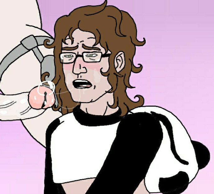 2boys adult_swim blush brown_hair charles_foster_offdensen clothed cum cum_in_mouth dethklok dubious_consent gay glasses light_skin male male_only messy_hair metal_masked_assassin metalocalypse open_mouth oral penis simple_background veiny_penis yaoi