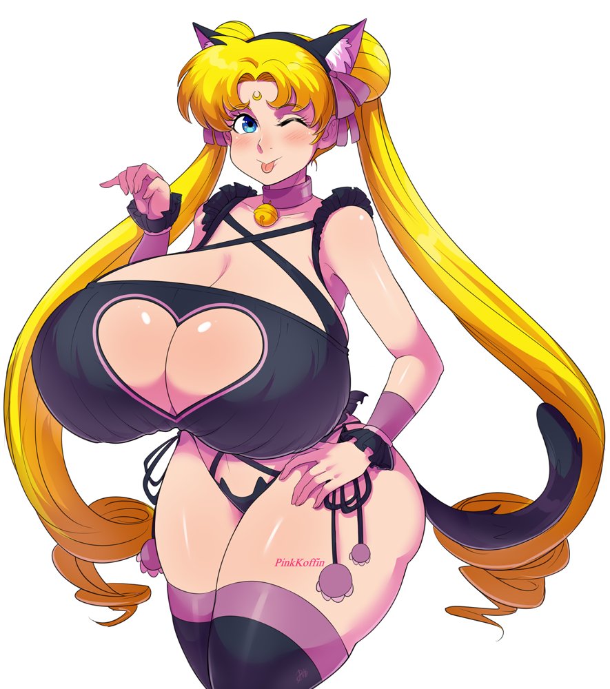 1girls big_breasts bikini bishoujo_senshi_sailor_moon blonde_hair blush breasts cat_keyhole_bra cat_keyhole_lingerie cat_tail cleavage clothing collar female female_only huge_breasts large_breasts long_hair looking_at_viewer one_eye_closed pinkkoffin princess_serenity simple_background smile solo solo_female stockings tagme thick_thighs thighhighs tongue tongue_out twintails usagi_tsukino waving white_background wide_hips