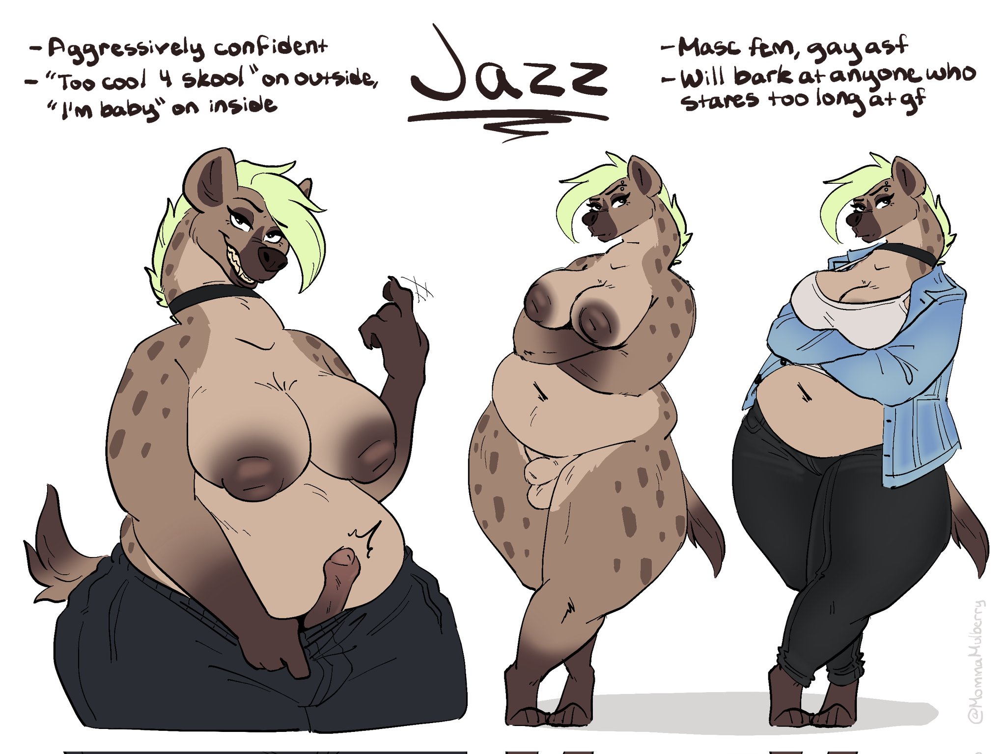 1futa, anthro, barefoot, bbw, big breasts, blonde, bra, breasts, chubby, chubby anthro, chubby female, chubby futa, denim, denim jacket, female, furry, futa only, futanari, green hair, hyena, hyena girl, intersex, jacket, jean jacket, jeans, mohawk, mohawk (hairstyle), original, overweight, overweight futa, paws, penis, small penis, solo, solo futa, tagme (character), thick legs, thick thighs, thighs, topless