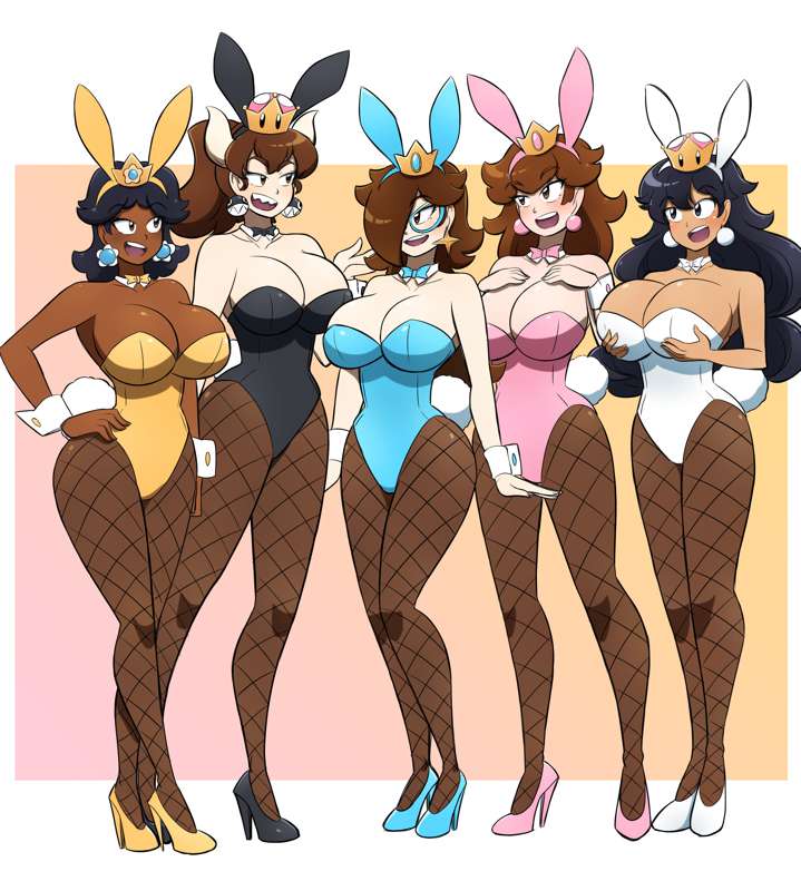 5girls big_ass big_breasts black_hair bow bowsette_(cosplay) breasts brown_eyes brown_hair bunny_ears bunnysuit cleavage cosplay crown dark-skinned_female dark_skin earrings emie_(kobi) fishnets glasses hair_over_one_eye hand_on_hip hands_on_breasts harem hi_res high_heels holding_breast horns kobi-tfs kobi94 kobi_(kobi) light_brown_hair long_hair mario_(series) new_super_mario_bros._u_deluxe nintendo peachette_(cosplay) ponytail princess_daisy_(cosplay) princess_peach_(cosplay) princess_rosalina_(cosplay) short_hair super_crown tan_skin valerie_(kobi)