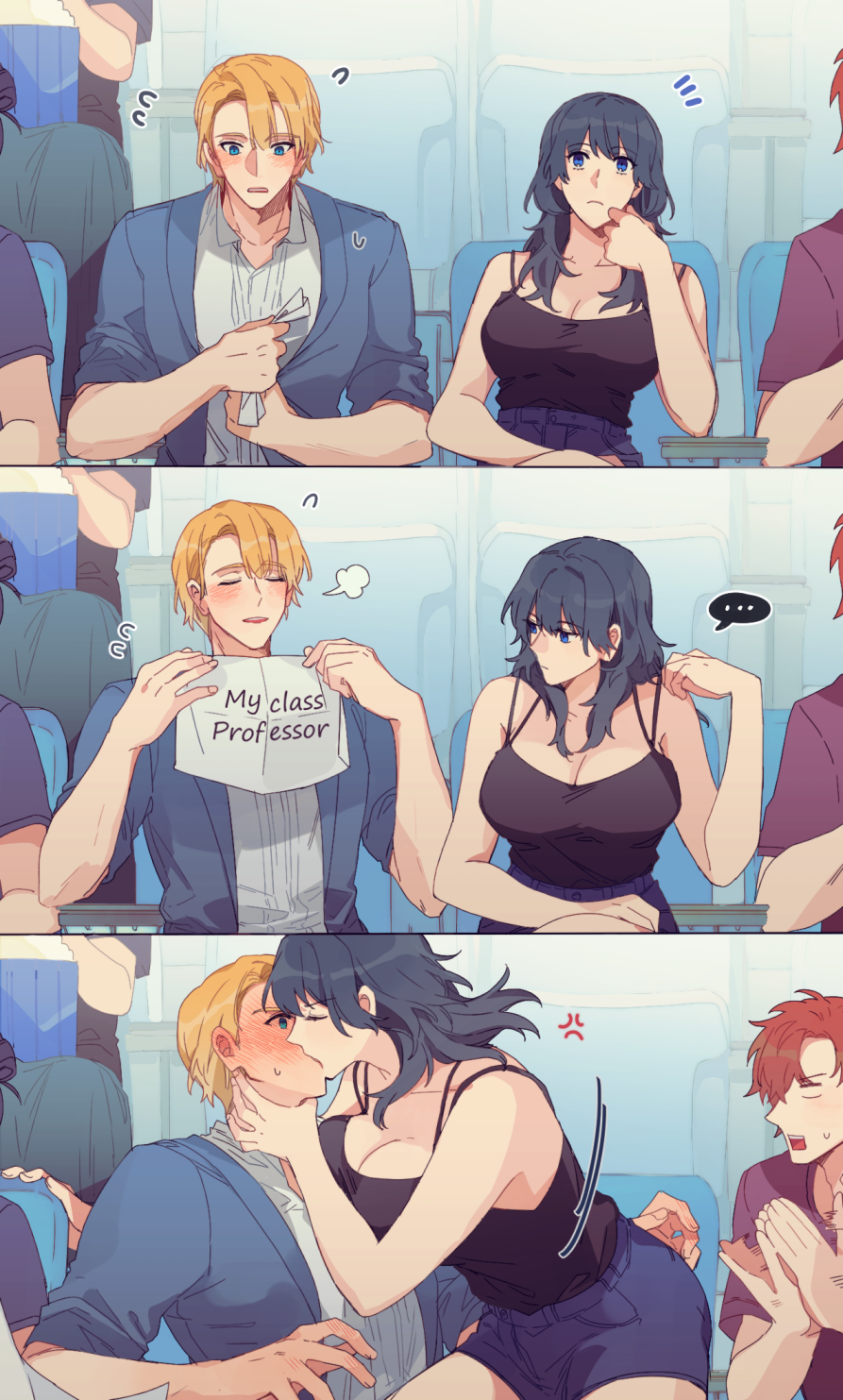 1boy 1girls breasts byleth_(fire_emblem) byleth_(fire_emblem)_(female) cleavage dimitri_alexandre_blaiddyd embarrassed fire_emblem fire_emblem:_three_houses huge_breasts kiss kissing kkomcce source_request sylvain_jose_gautier teacher teacher_and_student