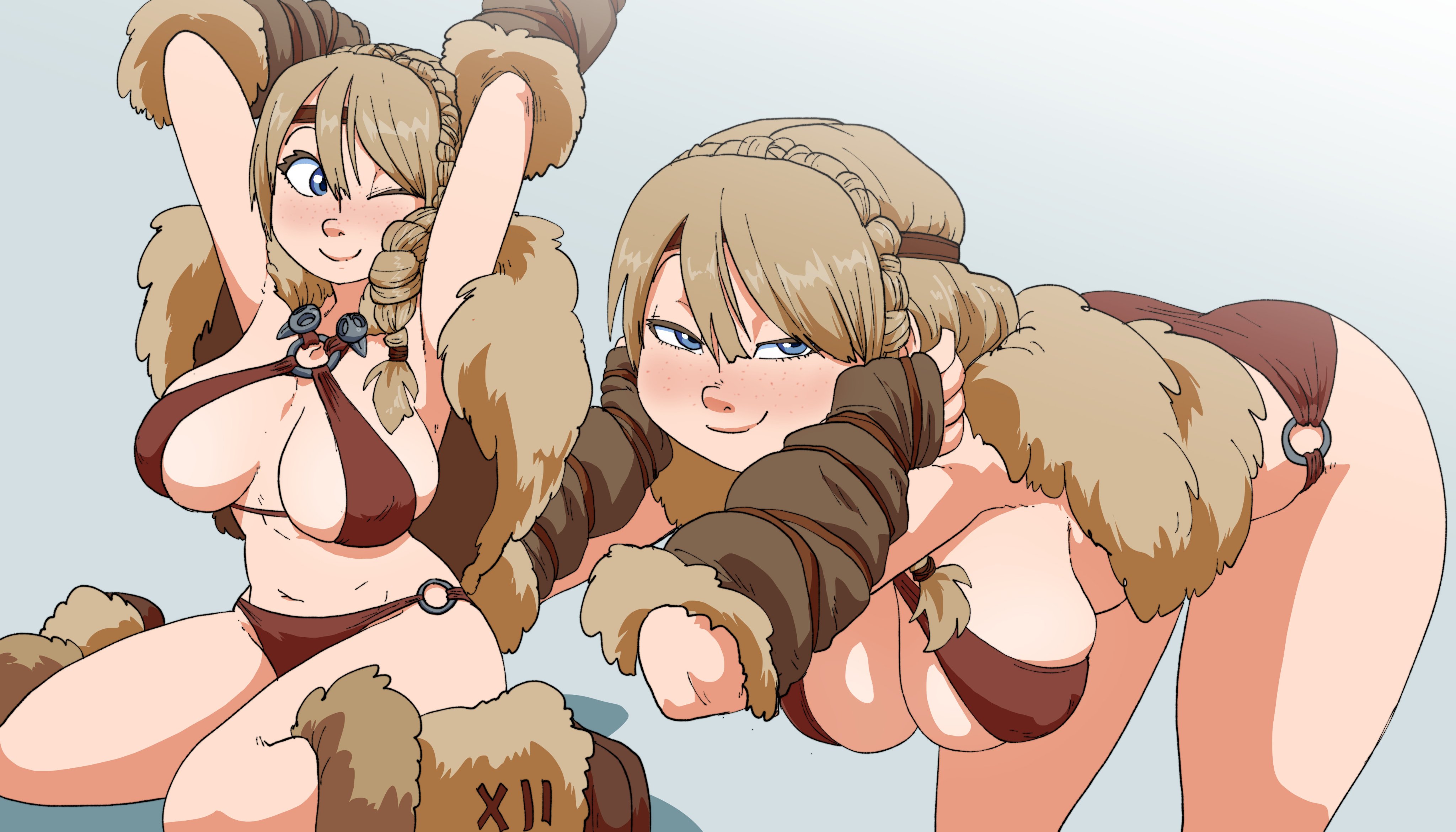 1girls, arms above head, astrid hofferson, bending forward, bending over, bikini, blonde hair, blue eyes, blush, braid, breasts, curvaceous, female, female only, hanging breasts, heroine, how to train your dragon, how to train your dragon 2, inker comics, inkershike, legs, red bikini, seductive, seductive eyes, seductive look, seductive smile, smile, smiling, smiling at viewer, solo, solo female, thighs, viking