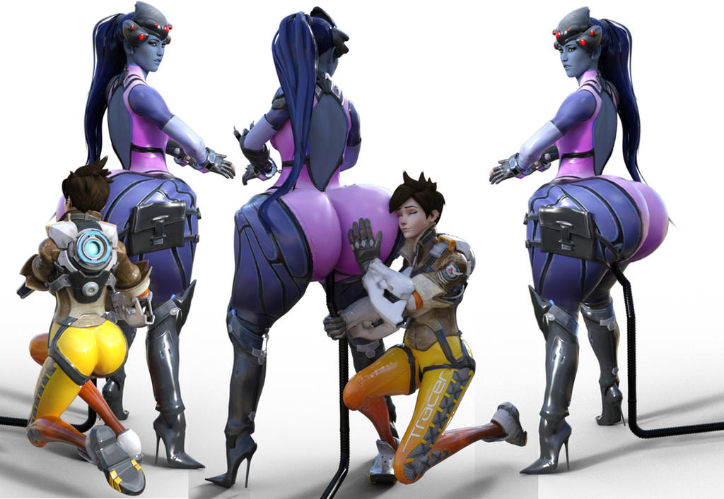 2girls 3d ass_expansion ass_worship blizzard_entertainment blue_skin bottom_heavy fat_ass female_only huge_ass long_hair overwatch skintight thick_thighs tracer violazierau widowmaker yuri