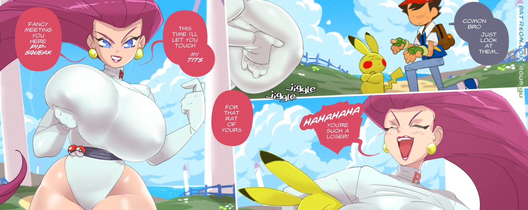 1boy, 1girls, ash ketchum, big breasts, blue eyes, breast grab, breast squeeze, breast squish, breasts, comic, dialogue, earrings, english text, female, gloves, huge breasts, jessie (pokemon), large breasts, leotard, long hair, male, nipple bulge, pikachu, pink hair, pokémon (species), pokeball, pokemon, pokemon (species), roumgu, smile, speech bubble, text, thick thighs, voluptuous, wide hips