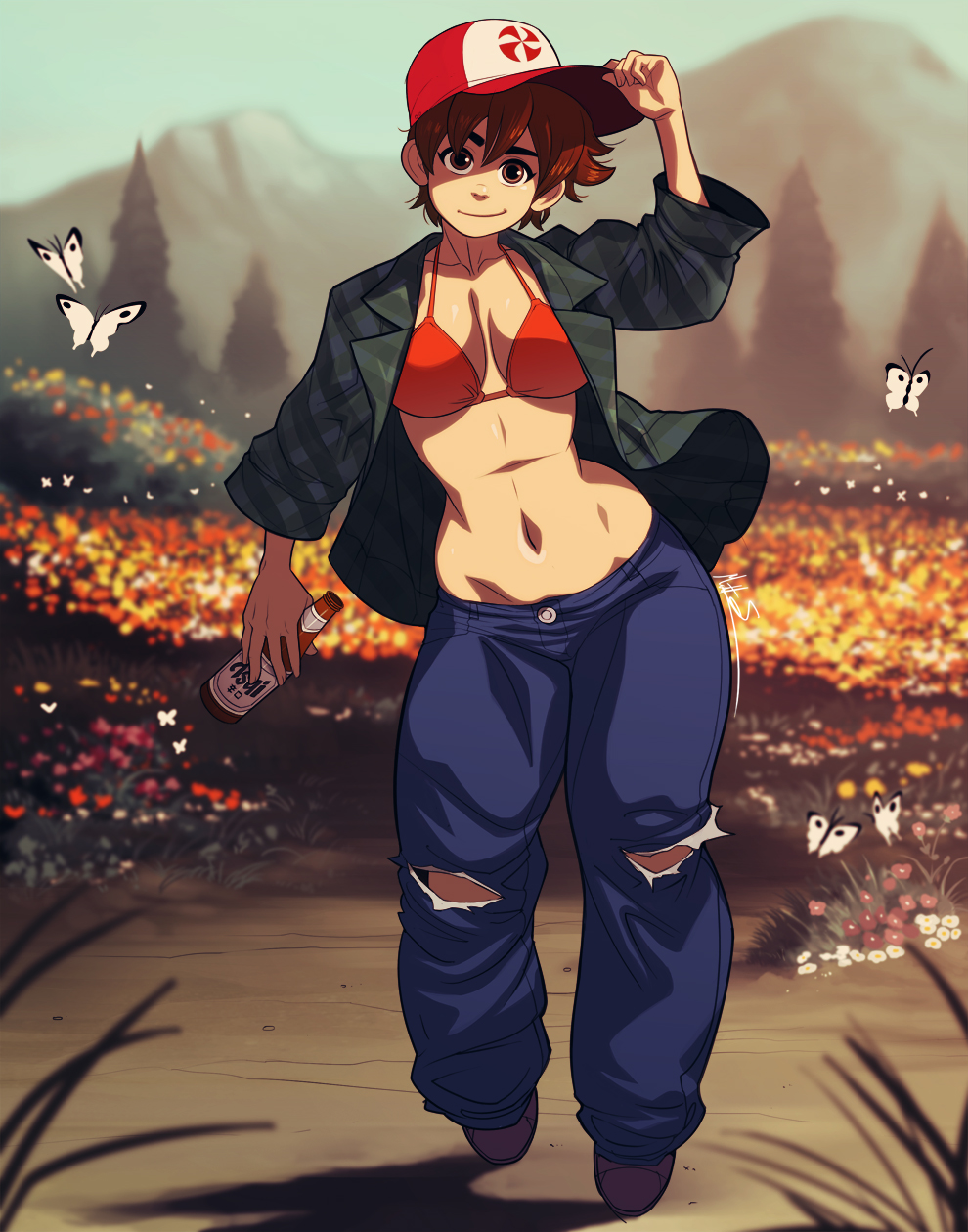 abs beer_bottle bikini_top brown_eyes brown_hair butterfly cleavage fit_female hat hourglass_figure large_breasts looking_at_viewer open_shirt sakura_kasugano short_hair smile street_fighter tomboy torn_pants triplexmile wind