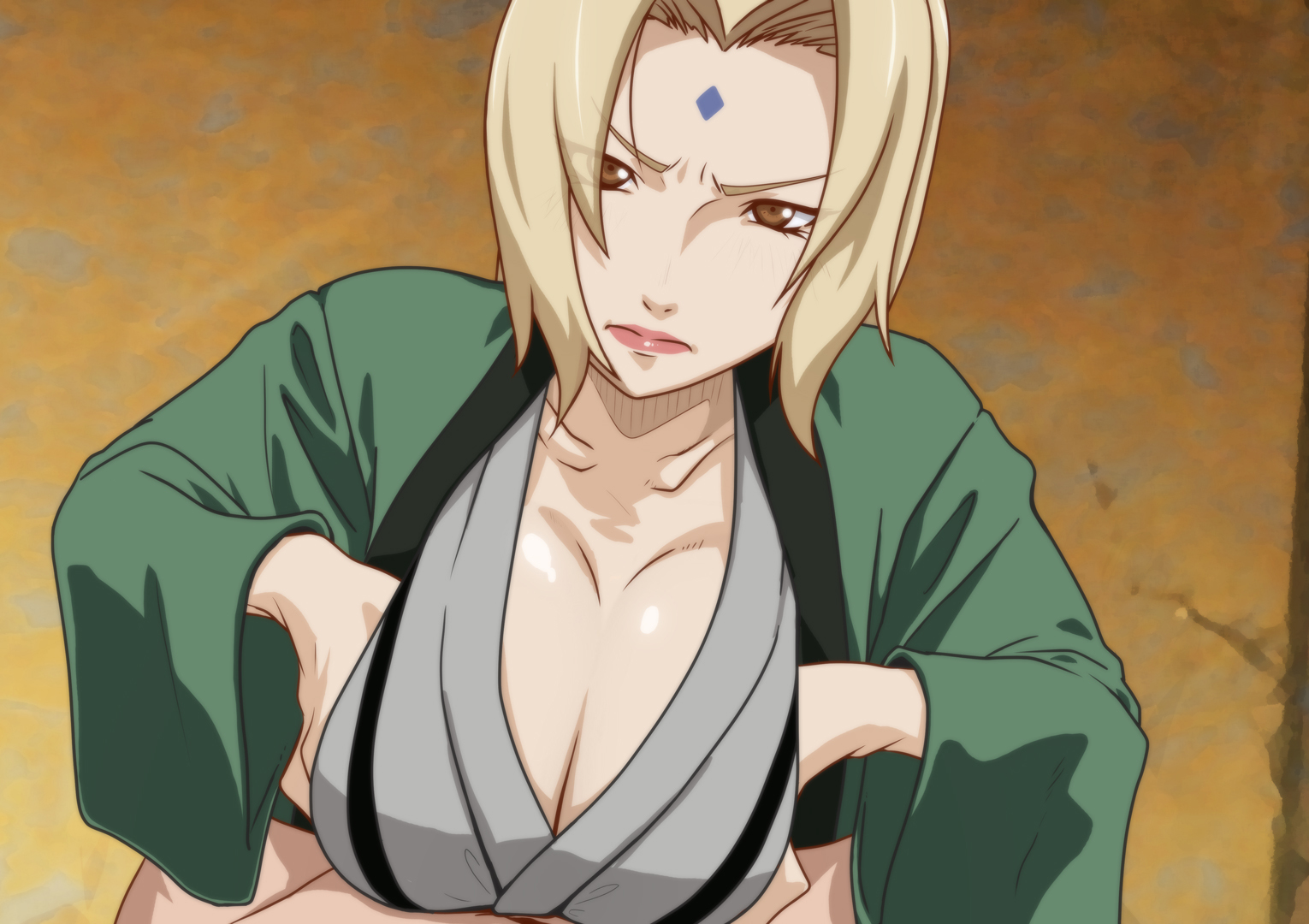 1boy, 1girls, blonde hair, blonde-haired female, breast squeeze, breasts, brown eyes, cleavage, closed mouth, clothed female nude male, facial mark, female, forehead mark, from above, grabbing own breast, kyabakurabakufu, large breasts, long hair, looking at viewer, male, naruto, naruto (series), naruto shippuden, nude, paizuri, pov, self fondle, simple background, tsunade, upper body, v-shaped eyebrows