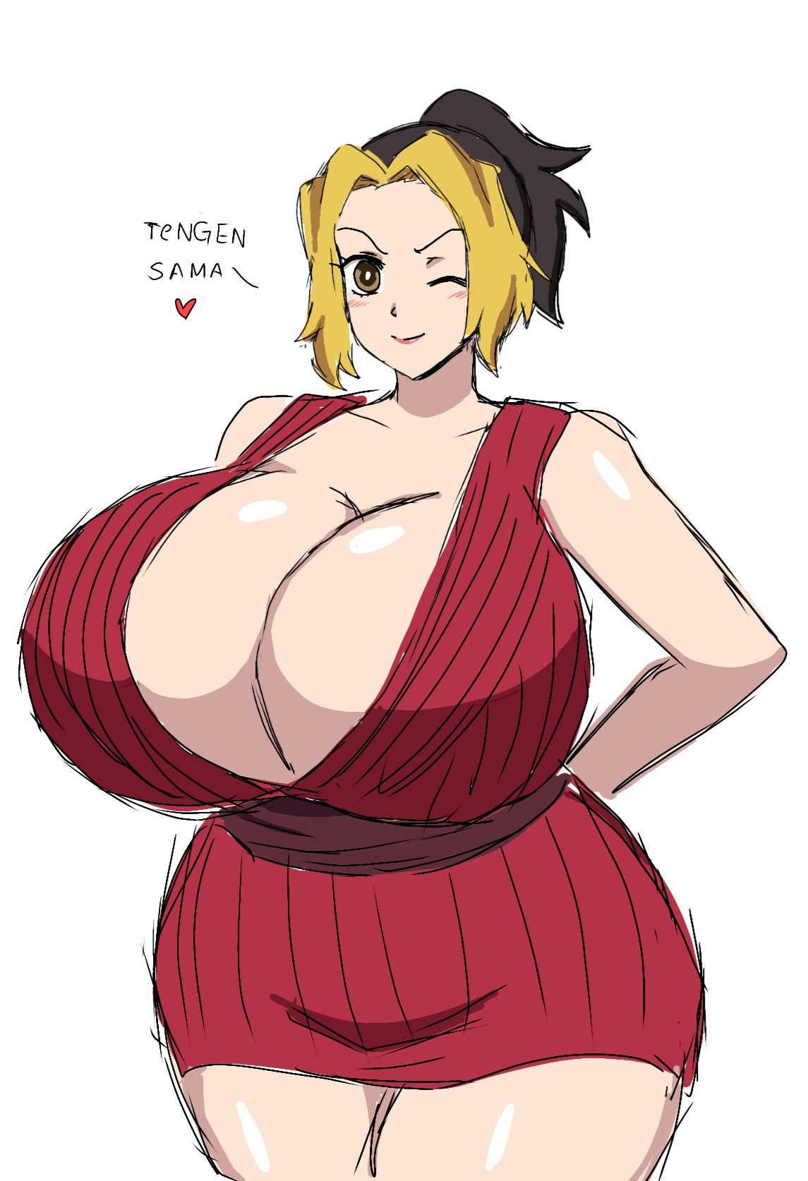 2d, 2d (artwork), alternate body type, alternate breast size, big breasts, black hair, blonde hair, breasts, cleavage, demon slayer, digital drawing (artwork), digital media (artwork), enormous breasts, female, female only, gigantic breasts, hand on hip, huge breasts, japanese clothes, kimetsu no yaiba, looking at viewer, makio (kimetsu no yaiba), massive breasts, momiji (artist), ponytail, short dress, sleeveless, smile, solo, solo female, top heavy, two-tone hair, venus body, wide hips, wife, wink