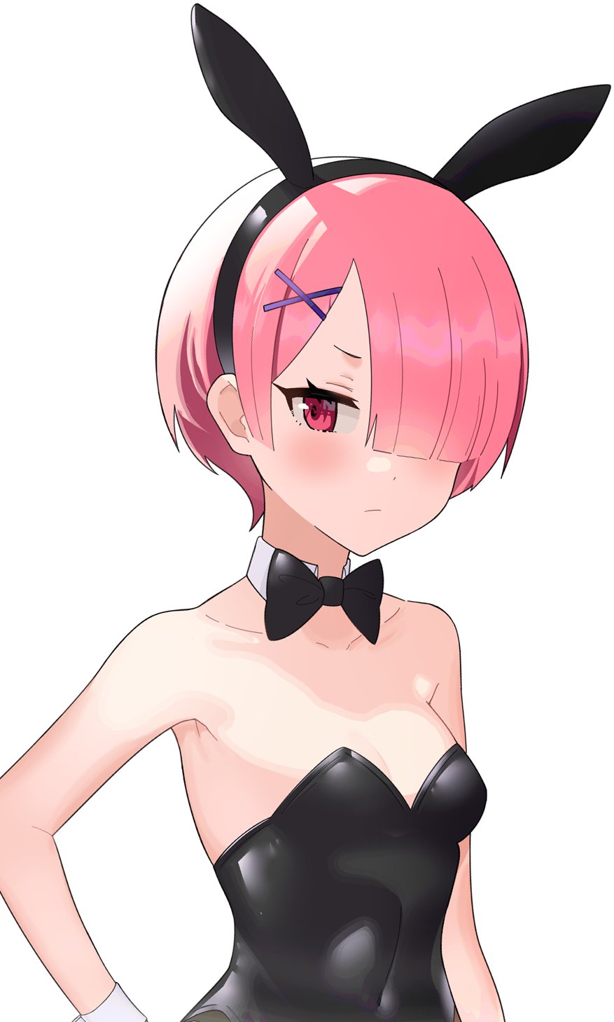 1girls blush bowtie bunny_ears bunnysuit flat_chest harukagi looking_away necktie one_eye_covered one_eye_obstructed ram_(re:zero) re:zero_kara_hajimeru_isekai_seikatsu red_eyes red_hair shoulders solo solo_female stern_expression teenage_girl teenager tie upper_body white_background