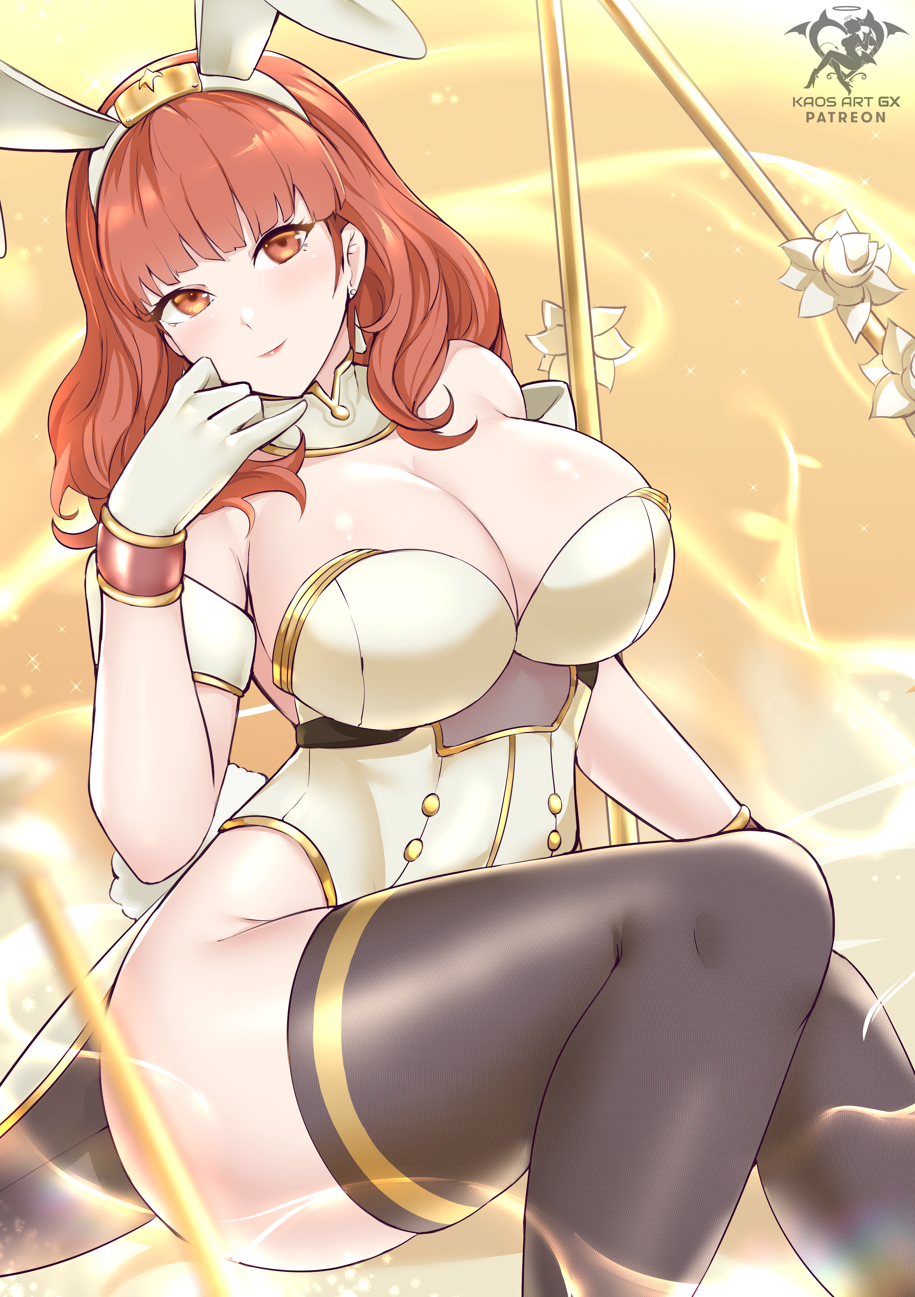 1girls, 2022, absurdres, adapted costume, alternate costume, animal ears, artist logo, artist name, artist signature, bare shoulders, black legwear, black thighhighs, breasts, bunny ears, bunny girl, bunnysuit, celica (fire emblem), cleavage, detached collar, earrings, fake animal ears, female, female only, fire emblem, fire emblem echoes: shadows of valentia, gloves, gold trim, hand on own face, hi res, highleg, highleg leotard, highres, hips, huge breasts, kaos art, large breasts, leotard, long hair, looking at viewer, nintendo, orange eyes, orange hair, patreon username, playboy bunny, rabbit ears, red eyes, red hair, sitting, slim waist, solo, strapless, strapless leotard, thighhighs, white gloves, white leotard, wide hips, zettai ryouiki