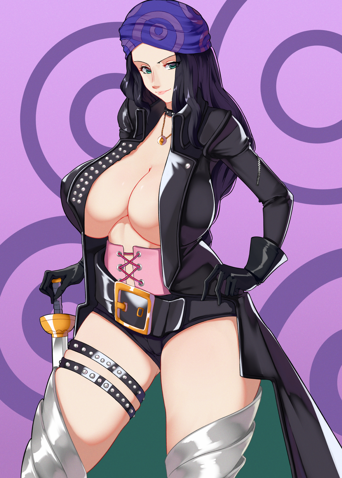 1girls, 47 hard, aqua eyes, big breasts, black hair, black-haired female, breasts, female, female focus, female only, long hair, minishorts, nico robin, one piece, one piece film red, post-timeskip, shorts, solo, standing, thick thighs