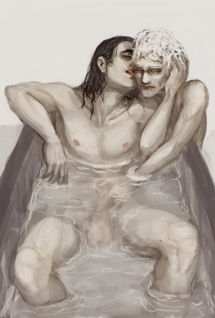 2boys a_song_of_ice_and_fire bath bathing bathtub black_hair completely_nude facial_hair forced game_of_thrones gay handjob licking male male_only malesub nude painting_(artwork) partially_submerged ramsay_bolton slave submissive theon_greyjoy white_hair yaoi