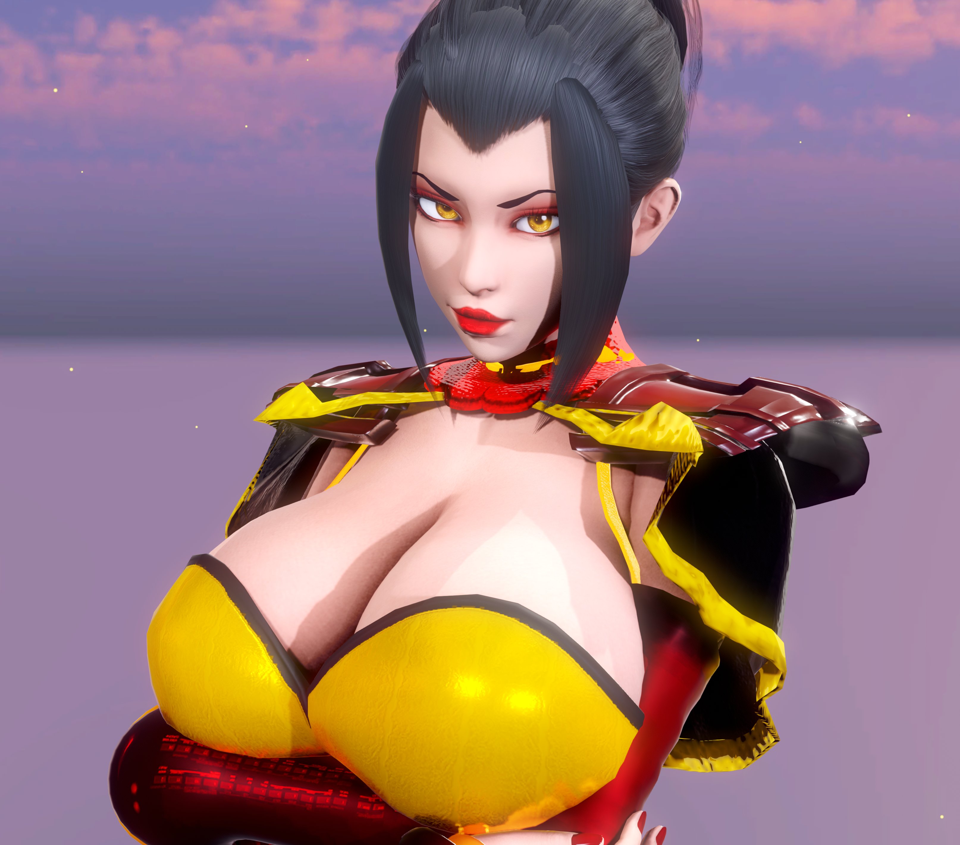 3d, armor, avatar the last airbender, azula, big breasts, black hair, bra, bracers, breasts, clothing, female, female only, fingernails, fire nation, fire nation clothing, golden eyes, hair bun, hair pin, heels, honey select, huge breasts, large breasts, light skin, light-skinned female, lipstick, looking at viewer, nail polish, nickelodeon, pauldron, prevence, red nails