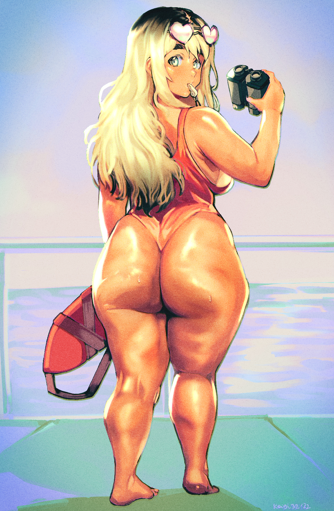 1girls, ass, beach, big ass, big butt, blonde hair, eye contact, female, k-on!, keigi (artist), long hair, looking at viewer, shiny skin, solo, tan, tan skin, thick thighs, tsumugi kotobuki (k-on!), two-tone hair, wide hips, yellow eyes