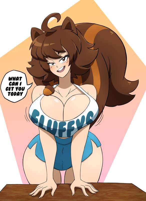 ahoge breast_squeeze brown_eyes brown_hair hi_res kobi-tfs kobi94 large_breasts looking_at_viewer seductive_smile short_hair short_skirt smiling_at_viewer squirrel_girl tail tank_top text thick_thighs valerie_(kobi) wide_hips