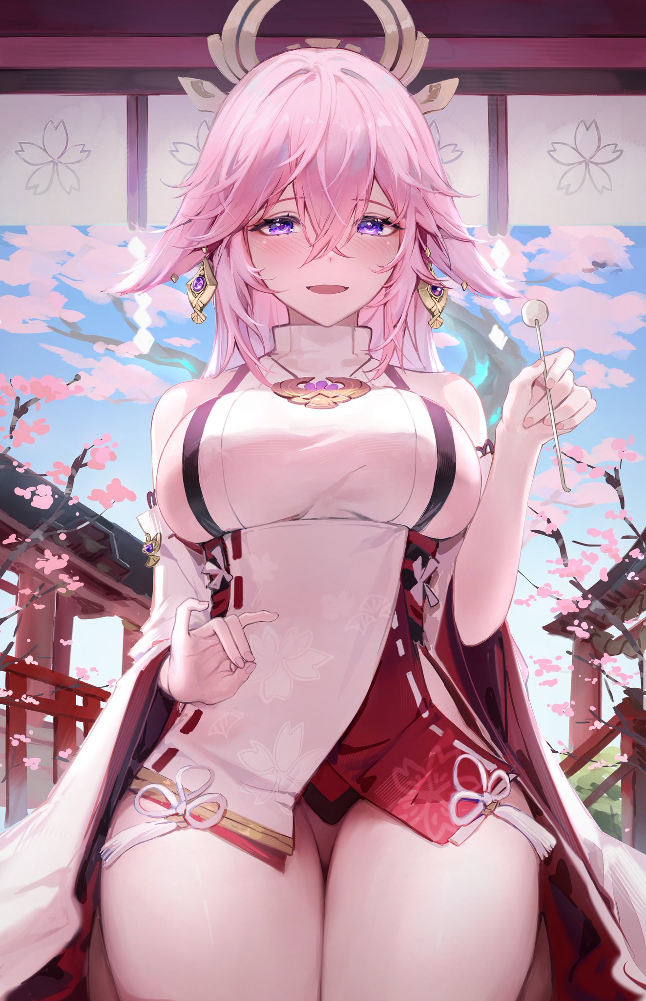 boobs, breasts, clothed, clothing, earrings, eye contact, female, genshin impact, light skin, light-skinned female, open mouth, pale skin, pale-skinned female, pink hair, sideboob, tagme, thighs, yae miko, yamiiv