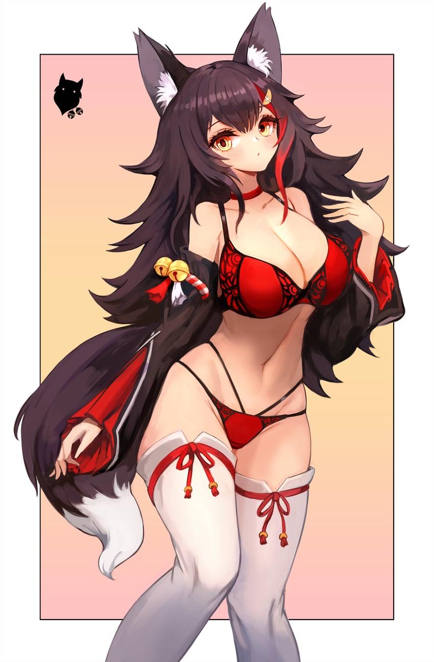 animal_ear_fluff animal_ears bangs bare_shoulders bell big_breasts black_hair blush bra breasts busty choker cleavage hair_ornament highres hololive hololive_gamers hololive_japan large_breasts long_hair looking_at_viewer midriff multicolored_hair navel notte_(artist) ookami_mio panties red_bra red_choker red_panties red_ribbon red_underwear ribbon solo solo_female stomach streaked_hair tail tassel thighhighs underwear_only virtual_youtuber white_border white_legwear wolf_ears wolf_girl wolf_tail yellow_eyes