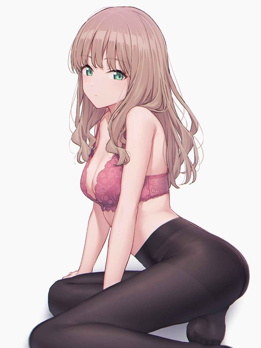 1girls ass bare_arms bare_shoulders black_legwear bra breasts brown_hair cleavage female green_eyes gridman_universe lace lace-trimmed_bra light-skinned_female light_skin looking_at_viewer medium_breasts mikazuchi_zeus minami_yume no_shoes panties panties_under_pantyhose panties_visible_through_clothing pantyhose picot_trim picot_trim_bra pink_bra sitting solo ssss.dynazenon toes underwear wavy_hair