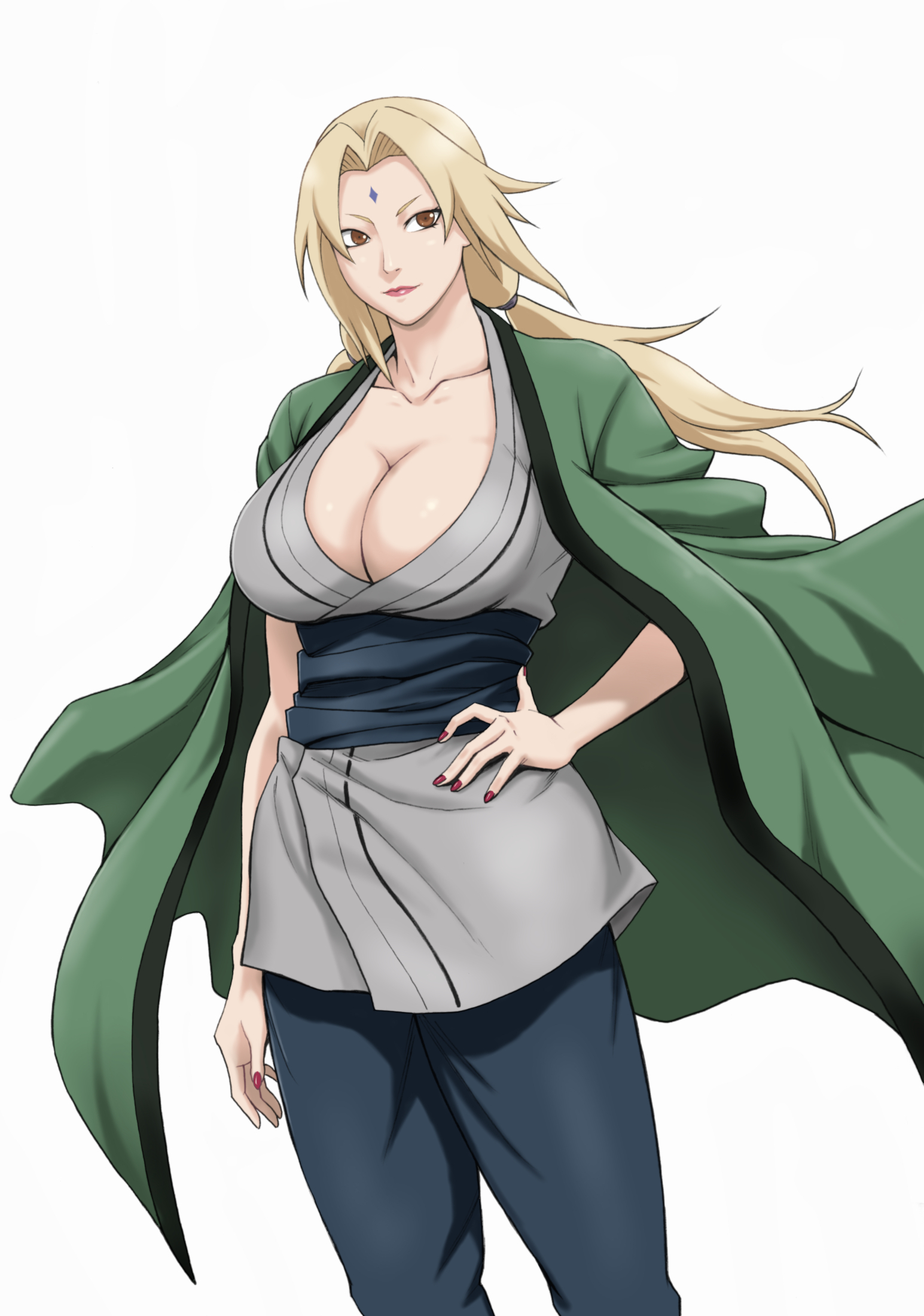 1girls, 2022, 2d, 2d (artwork), big breasts, blonde hair, breasts, brown eyes, cleavage, closed mouth, daigo, daigo (doujin artist), facial mark, feet out of frame, female, female focus, female only, floating hair, forehead mark, hand on hip, highres, human, human only, jacket, large breasts, legs, light smile, long hair, looking at viewer, nail polish, naruto, naruto (series), naruto shippuden, questionable, red nails, sfw, simple background, smile, smiling at viewer, solo, solo female, standing, thighs, tsunade, twintails, white background