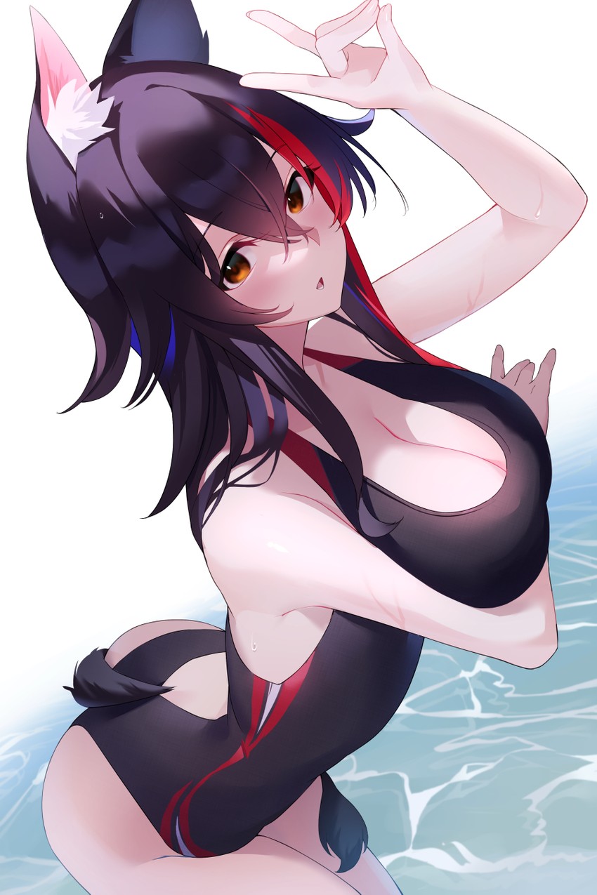 animal ear fluff, animal ears, animal tail, ass, bare shoulders, black hair, black swimsuit, blush, breast hold, breasts, busty, cleavage, competition swimsuit, cowboy shot, double fox shadow puppet, eyebrows visible through hair, female, female only, fox shadow puppet, hair between eyes, highres, hololive, hololive gamers, hololive japan, kaneko (bblogtinhan), large breasts, long hair, looking at viewer, multicolored hair, one-piece swimsuit, ookami mio, solo, solo female, streaked hair, swimsuit, tail, thighs, virtual youtuber, water, wet, wolf ears, wolf girl, wolf tail