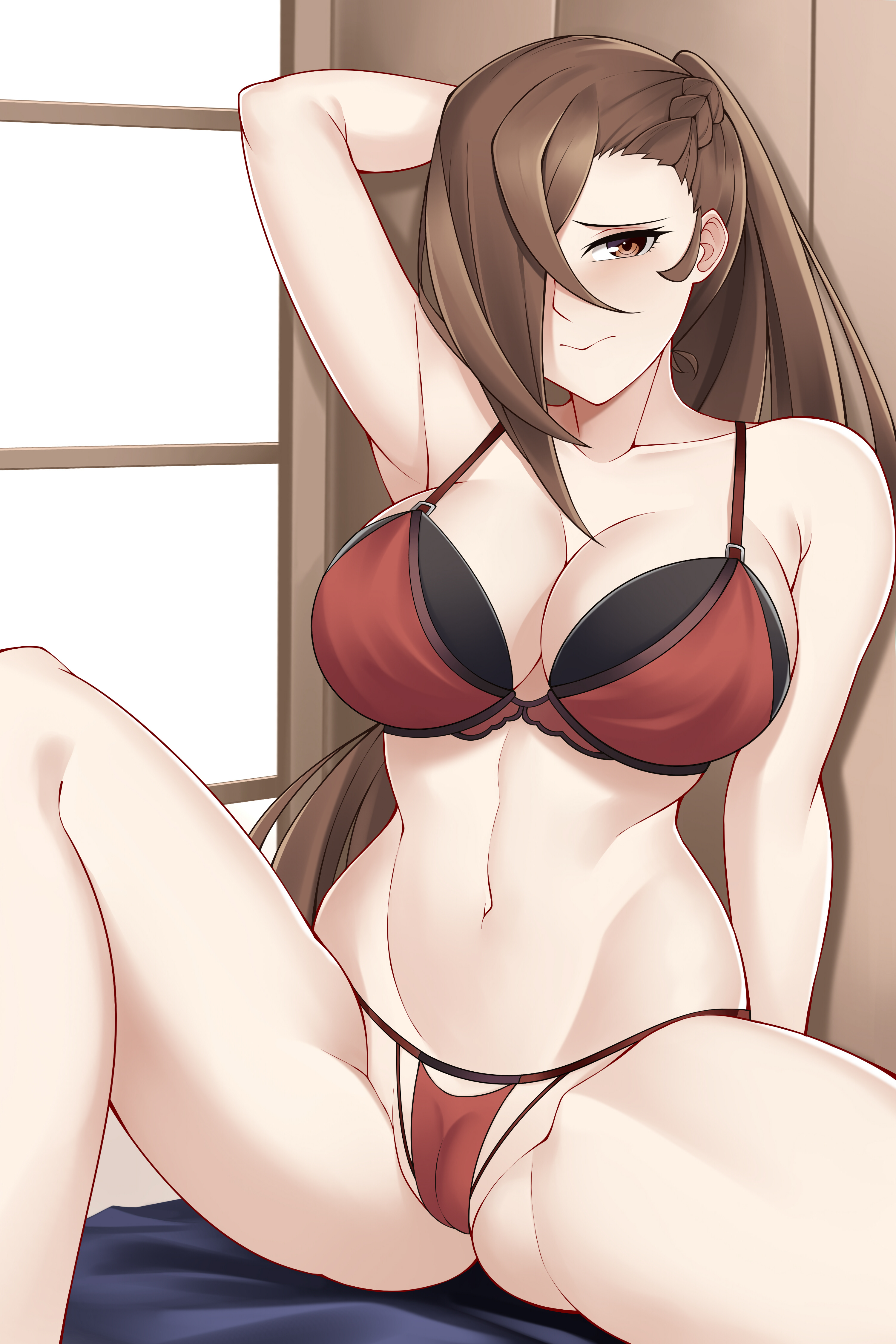 1girls, armpits, arms up, aslindsamure, blush, breasts, brown eyes, brown hair, cleavage, embarrassed, eye behind hair, female, female only, fire emblem, fire emblem fates, kagero (fire emblem), large breasts, panties, ponytail, red panties, solo, underwear