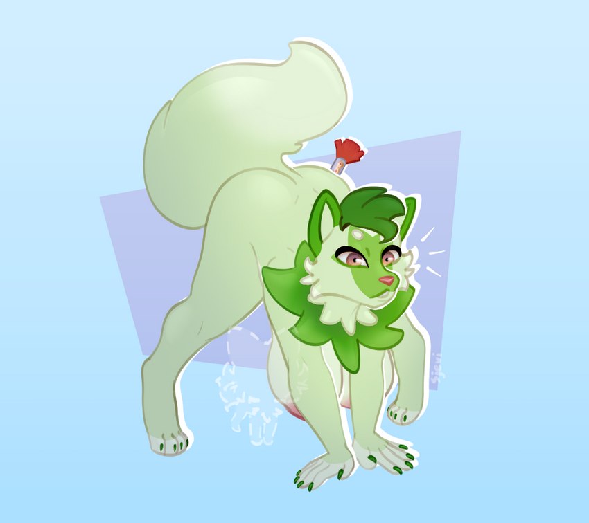 2022 all_fours anthro big_breasts breasts dart digital_media_(artwork) female feral_to_anthro fur green_body green_fur green_hair green_nails hair mammal nintendo nipples nude pokémon_(species) pokemon pokemon_sv simple_background sjevi solo sprigatito tranquilizer transformation video_games