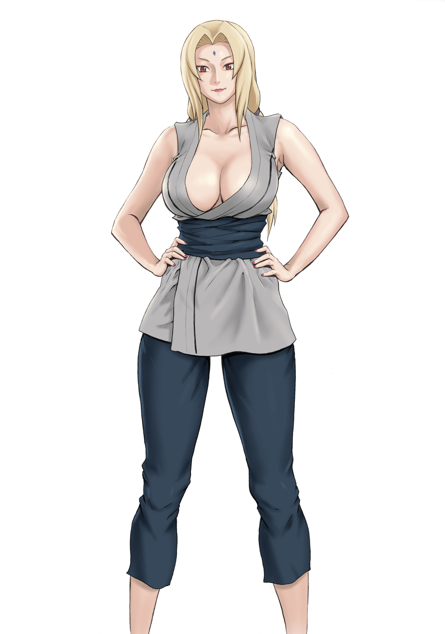 armpits, bare arms, blonde hair, breasts, brown eyes, cleavage, closed mouth, daigo, daigo (doujin artist), facial mark, feet out of frame, female, female focus, forehead mark, hands on hips, highres, large breasts, legs, legs apart, long hair, looking at viewer, nail polish, naruto, naruto (series), naruto shippuden, red nails, simple background, sleeveless, smile, solo, standing, thighs, tsunade, twintails, white background