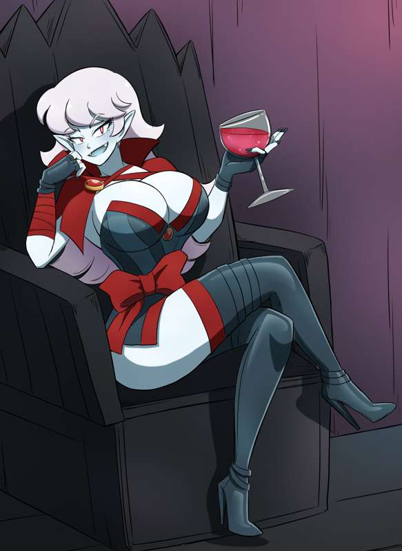 big_ass blood_in_wine_glass breasts cleavage emie_(kobi) hi_res high_heel_boots high_heels kobi-tfs kobi94 large_breasts looking_at_viewer original red_eyes smiling_at_viewer thighhighs vampire white_hair white_skin