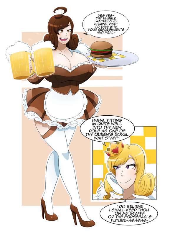 ahoge blonde_hair brainwashing breast_expansion brown_hair elena_(kobi) empty_eyes hi_res high_heels huge_breasts kobi-tfs kobi94 maid_uniform original purple_hair queen royalty serving_tray text thick_thighs thighhighs valerie_(kobi) waitress