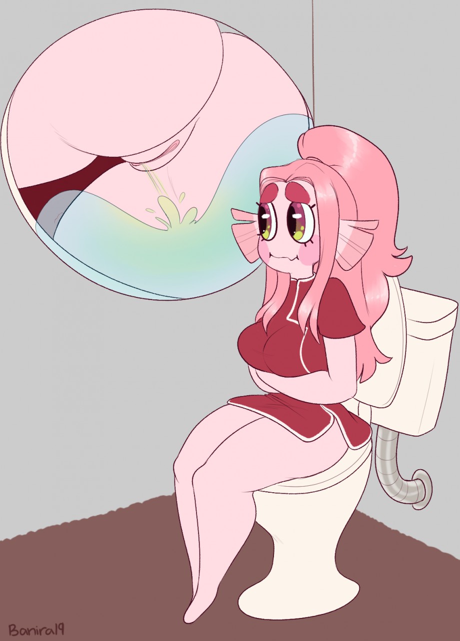 anthro ass banira bathroom blush bodily_fluids bottomless clothed clothing female fish genital_fluids genitals hair hi_res holding_stomach inside_toilet looking_away marine peeing pink_body pink_hair pussy sitting solo toilet toilet_bowl toilet_pov toilet_seat toilet_use urine watersports wide_hips