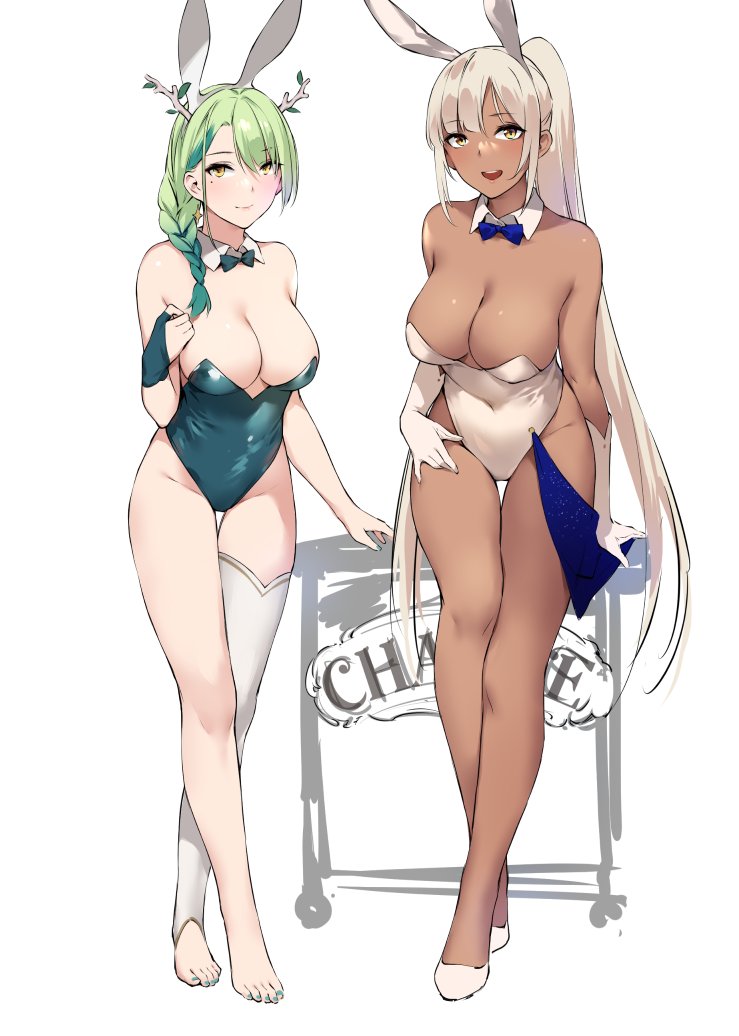2d, 2d (artwork), 2girls, antlers, asymmetrical legwear, bare arms, bare legs, bare shoulders, bare thighs, barefoot, big breasts, bodysuit, braid, braided hair, breasts, bunny ears, bunnysuit, ceres fauna, cleavage, dark skin, dark-skinned female, female, female focus, female only, green hair, green toenails, hololive, hololive english, hololive english -council-, hololive english -promise-, huge breasts, light skin, light-skinned female, looking at viewer, shoes, stockings, thighhighs, tsukumo sana, very long hair, virtual youtuber, white hair, yellow eyes