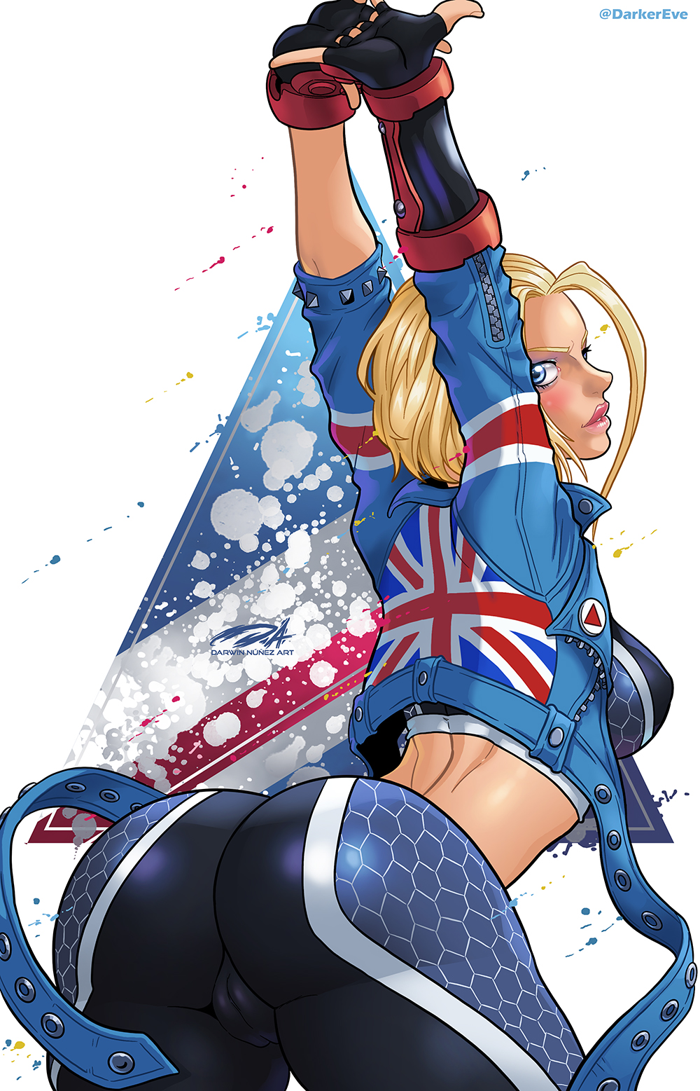 1girls, ass, bent over, blonde hair, blue eyes, cameltoe, cammy stretch, cammy white, capcom, darkereve, female, female only, fully clothed, hi res, looking at viewer, looking back, looking back at viewer, pussy, rear view, solo, street fighter, street fighter 6, stretching, thick thighs, union jack