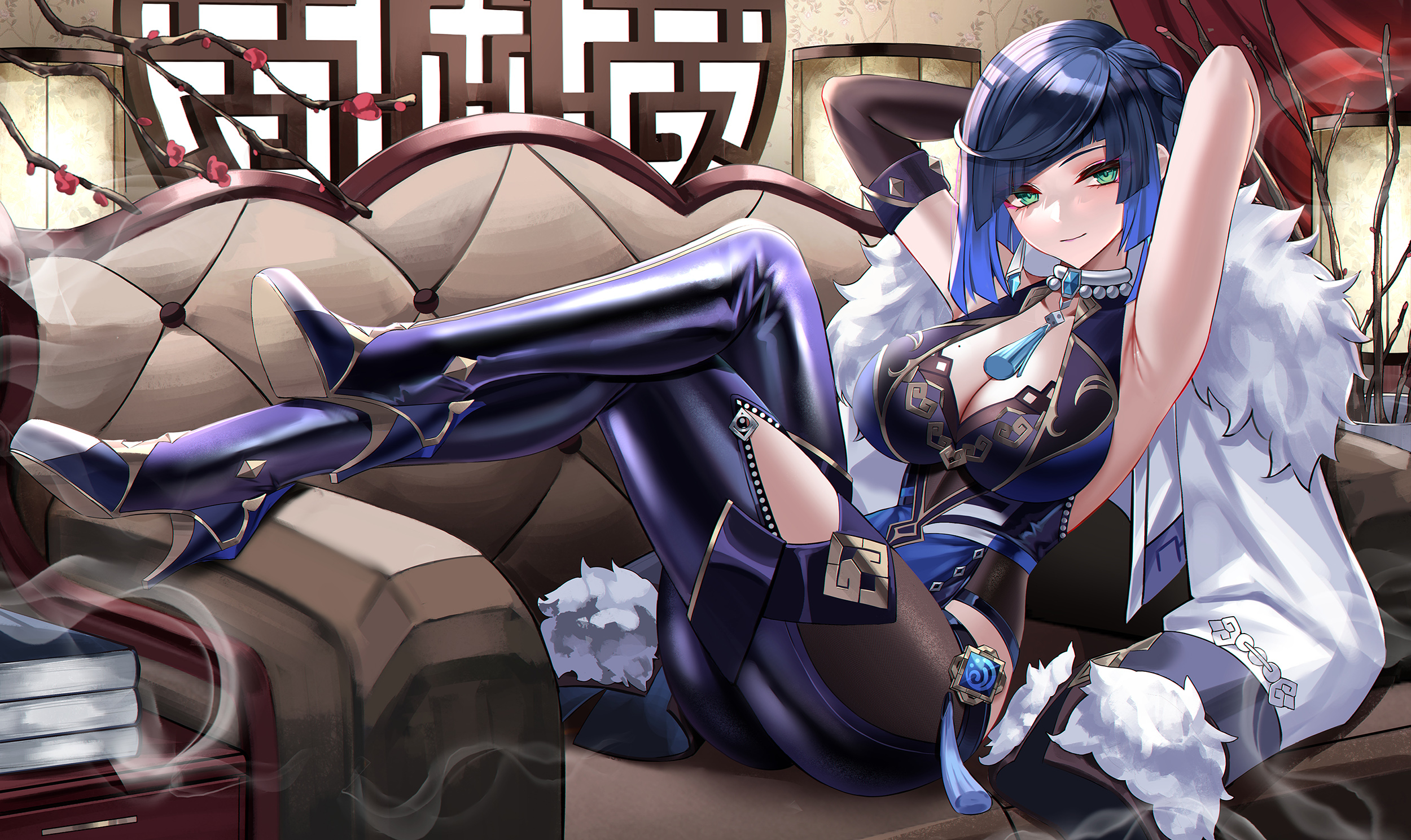 1girls, arm behind head, armpits, arms up, bangs, blue dress, blue footwear, blue hair, blunt bangs, breasts, choker, cleavage, couch, detached sleeves, dress, eternity (shadeh), female, full body, fur trim, fur-trimmed jacket, genshin impact, green eyes, high heels, highres, indoors, jacket, large breasts, legs crossed, long sleeves, looking at viewer, mole, mole on breast, multicolored hair, neck tassel, on couch, pantyhose, purple legwear, single detached sleeve, smile, solo, two-tone hair, white choker, white jacket, yelan (genshin impact)