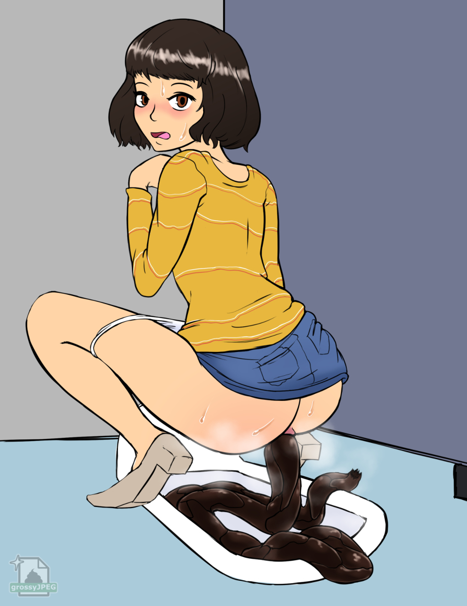 1girls anus ass bathroom blush brown_hair caught caught_shitting embarrassed female grossyjpeg missing_toilet persona persona_5 sadayo_kawakami scat shitting solo_female squat_toilet squatting sweat sweating