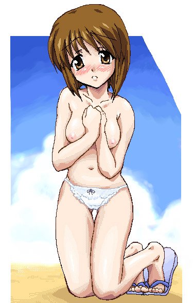 beach blush bow bow_panties breasts brown_eyes brown_hair clavicle cloud female female flip-flops hagiwara_yukiho hands_on_own_chest idolmaster idolmaster_(classic) kneeling looking_at_viewer medium_breasts nanamo navel nipples pantsu parted_lips pixel_art sand sandals sky teeth topless underwear white_panties white_underwear