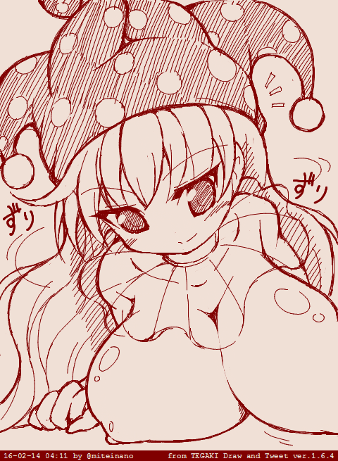 2016 alternate_breast_size blush clownpiece erect_nipples eyebrows_visible_through_hair female hat huge_breasts long_hair miteinano monochrome smile solo touhou