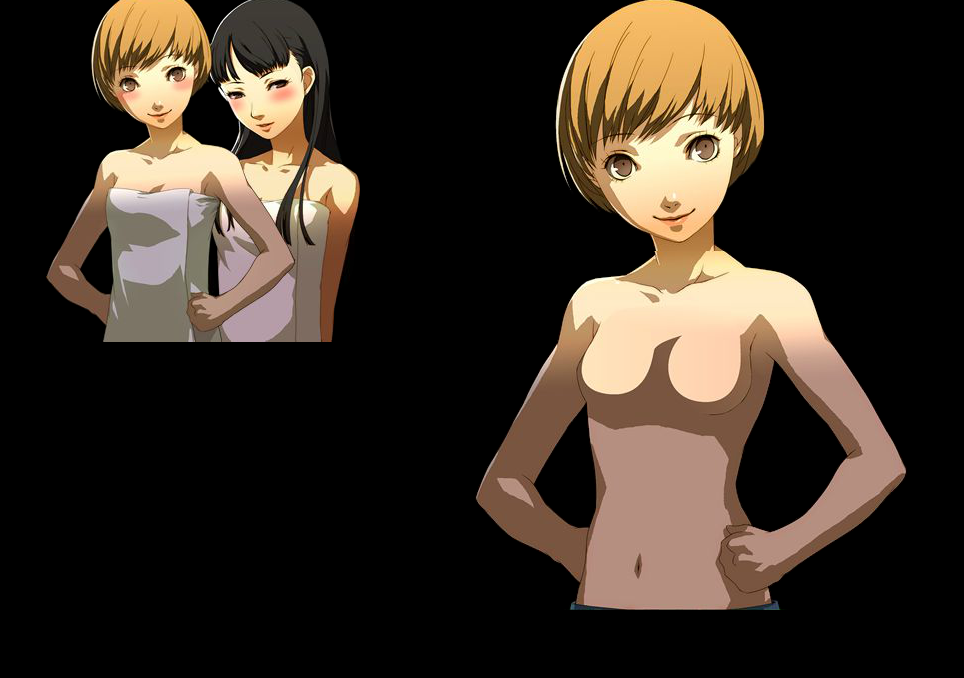 accurate_art_style atlus megami_tensei no_bra no_nipples official_art orange_hair persona persona_4 satonaka_chie shigenori_soejima smiling tagme topless