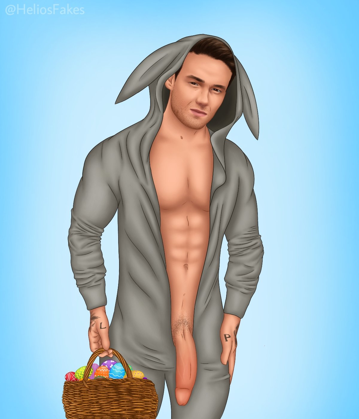 1boy abs beard_stubble big_penis brown_eyes brown_hair celebrity easter easter_eggs facial_hair heliosdraws huge_cock human liam_payne looking_at_viewer male male_only male_pubic_hair masculine muscles muscular_male onesie onsie open_shirt penis penis_out rabbit_costume real_person realistic semi-erect solo unzipped_bodysuit veiny_penis