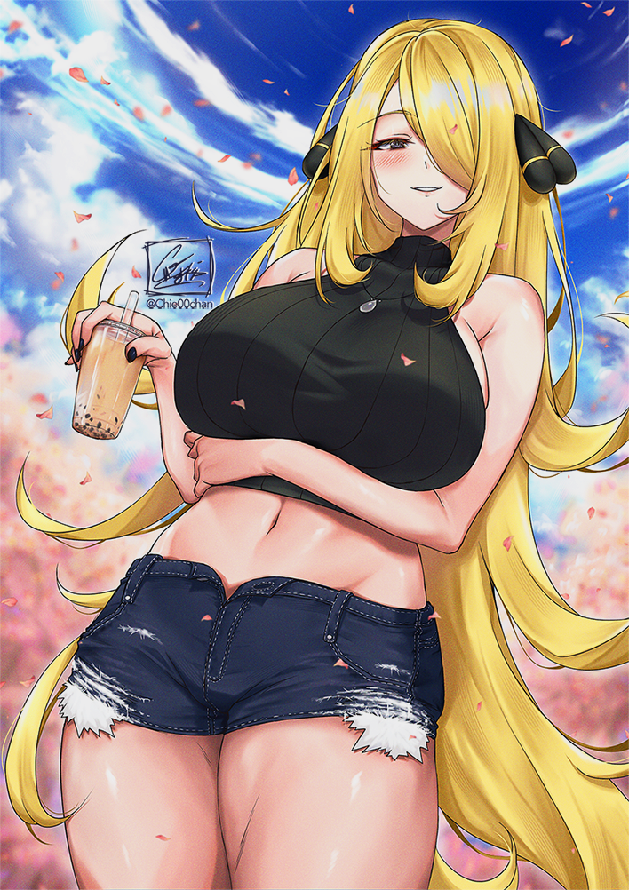 1girls, abs, arm under breasts, bangs, bare shoulders, belly button, big breasts, black nails, blonde hair, blush, breasts, chie00chan, cloud, crop top, cynthia (pokemon), denim, denim shorts, detailed background, female, grey eyes, hair ornament, hair over one eye, hips, huge breasts, large breasts, long hair, looking at viewer, looking down, midriff, nail polish, necklace, outside, pokemon, ribbed sweater, shiny skin, shorts, sky, smile, solo, thick, thick thighs, thighs, waist, wide hips
