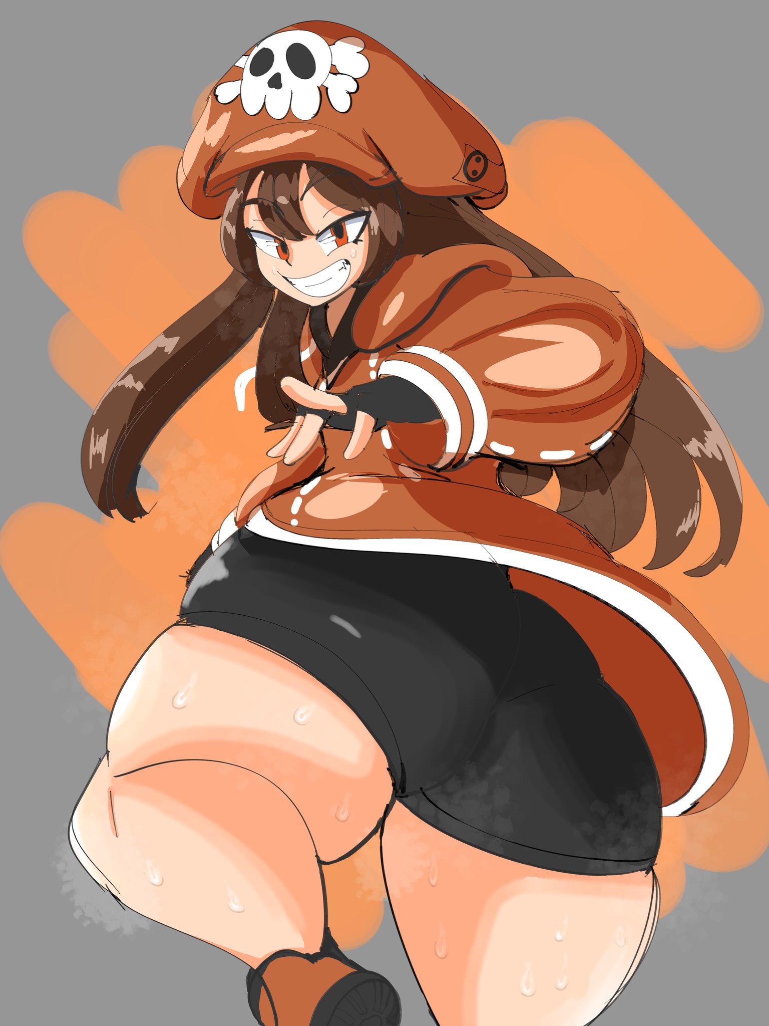 ass, brown hair, female, gemnose, grin, guilty gear, huge ass, may (guilty gear), skindentation, smug, smug face, spandex, spandex shorts, spats, sweat, sweatdrop, sweating, teeth, thick ass, thick thighs, tight clothing, tight pants, wide hips