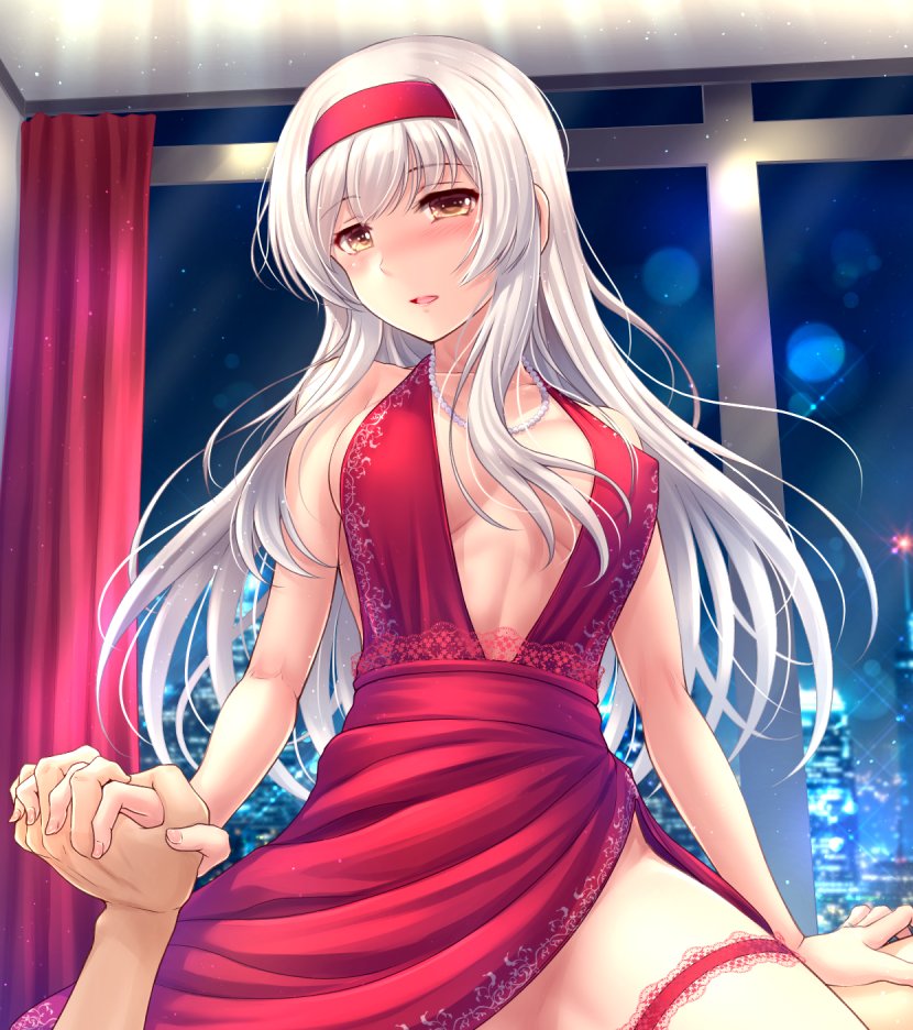 1boy alternate_costume bangs breasts brown_eyes clothed_sex dress eyebrows_visible_through_hair female hairband halterneck holding_hands jewelry kantai_collection large_breasts long_hair necklace night no_panties open_mouth pearl_necklace red_dress red_hairband ryu-akt sex shoukaku_(kantai_collection) side_slit silver_hair skyline sleeveless sleeveless_dress straight thigh_strap window