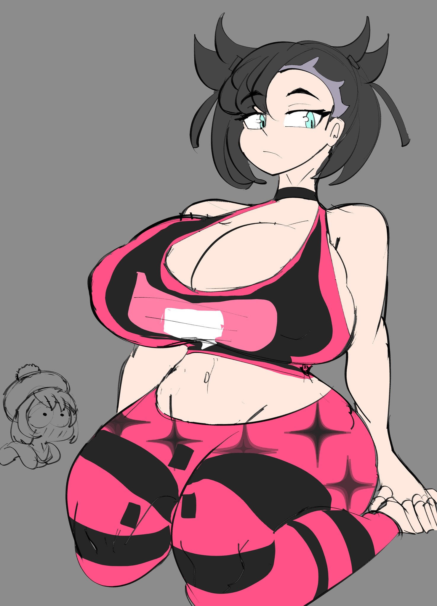 alternate breast size, big breasts, blue eyes, blue hair, blush, breasts, choker, female, female only, gemnose, gloria (pokemon), gym uniform, huge breasts, huge thighs, kneeling, large breasts, marnie (pokemon), midriff, nipple bulge, pokemon, pokemon ss, skindentation, thick thighs, toned, toned stomach, twintails, wide hips