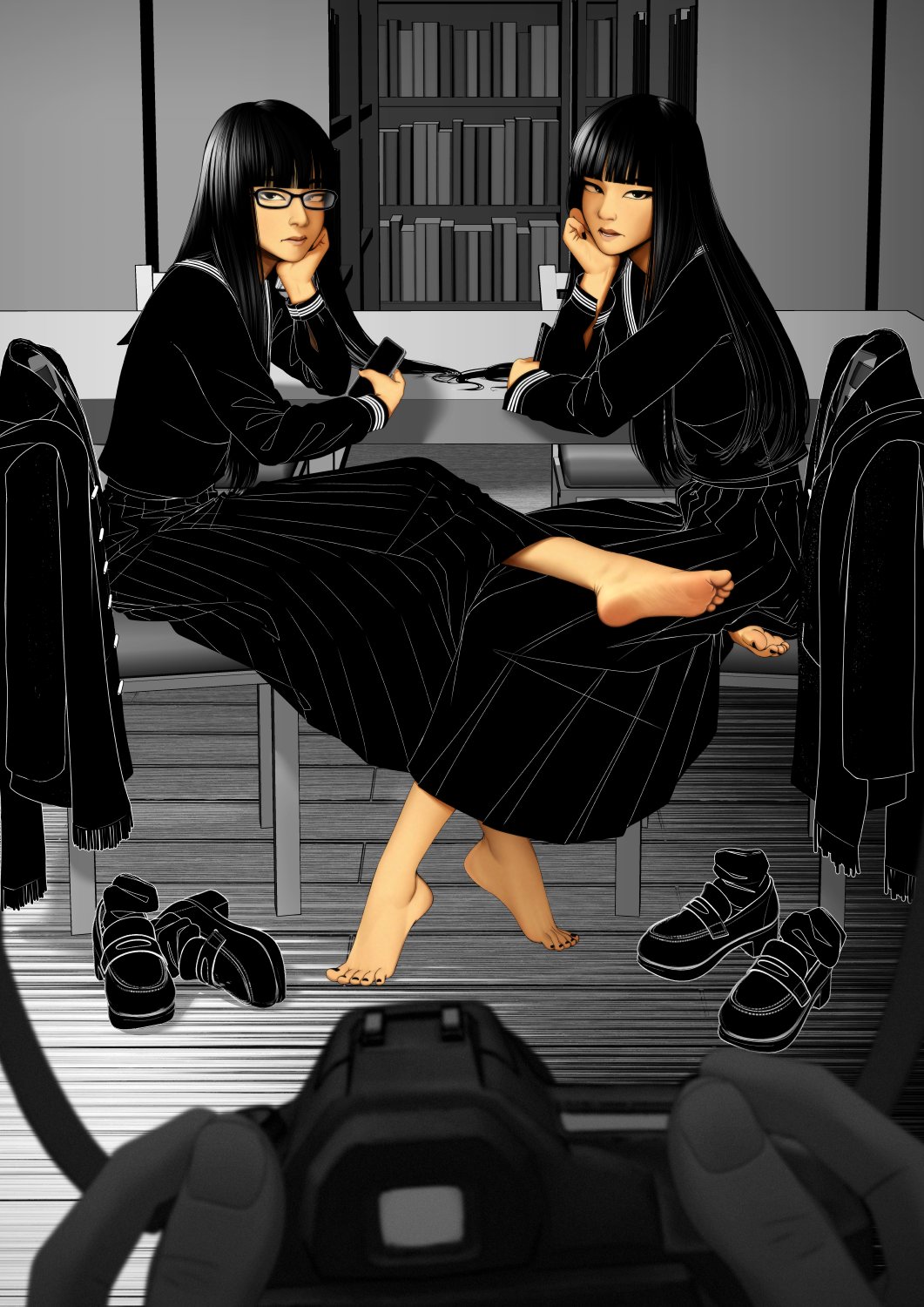asian, asian female, barefoot, black nails, clothed, comic, feet, female, foot fetish, foot focus, glasses, kidetic, kusujinn, long hair, long skirt, photo, school, school uniform, schoolgirl, twins