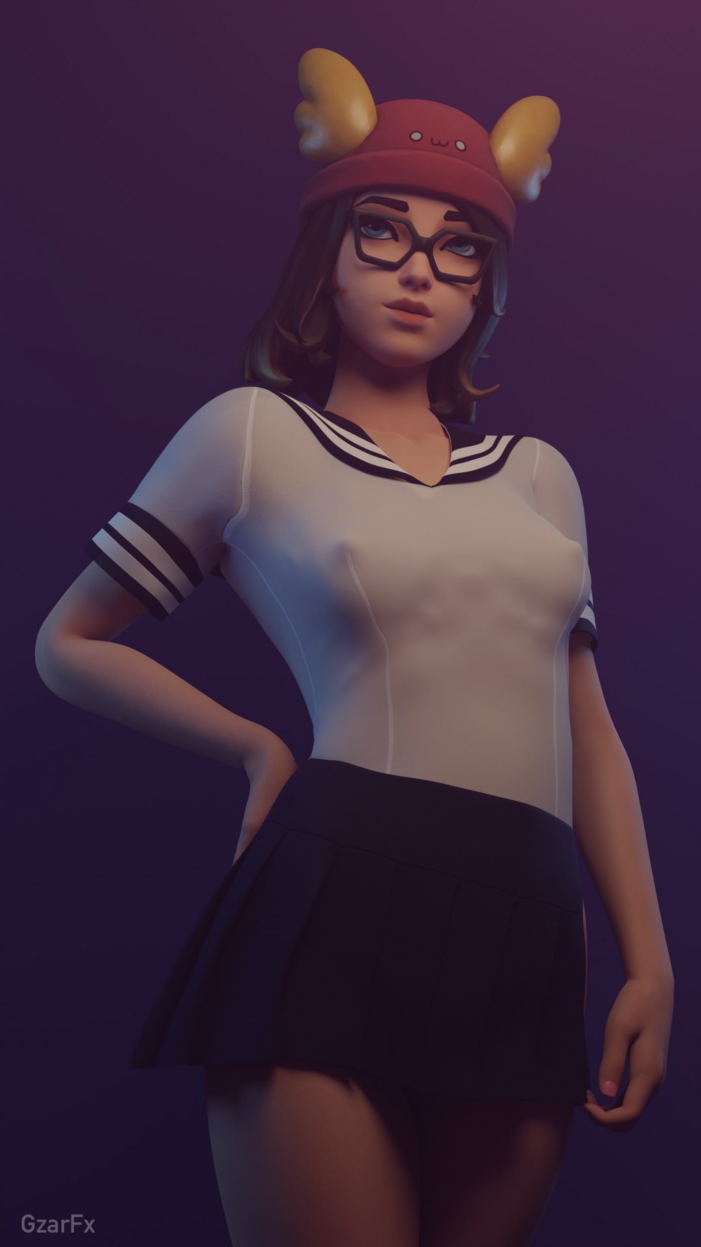 1girls 3d blender breasts brown_hair brunette female female_only fortnite glasses gzarfx light-skinned_female light_skin nipples school_uniform schoolgirl see-through see-through_clothing skirt skye_(fortnite) solo uniform watermark