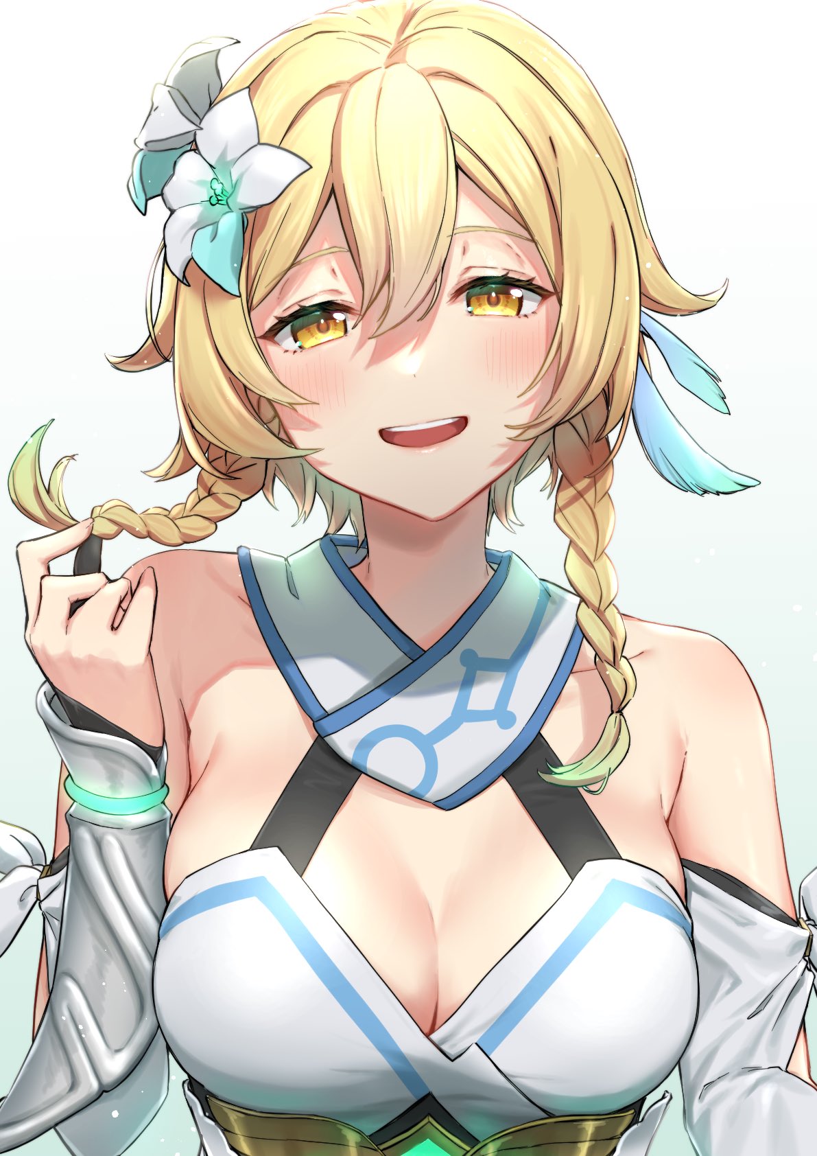 amber eyes, blonde hair, blush, chumgi23, female, genshin impact, lumine (genshin impact), yellow eyes